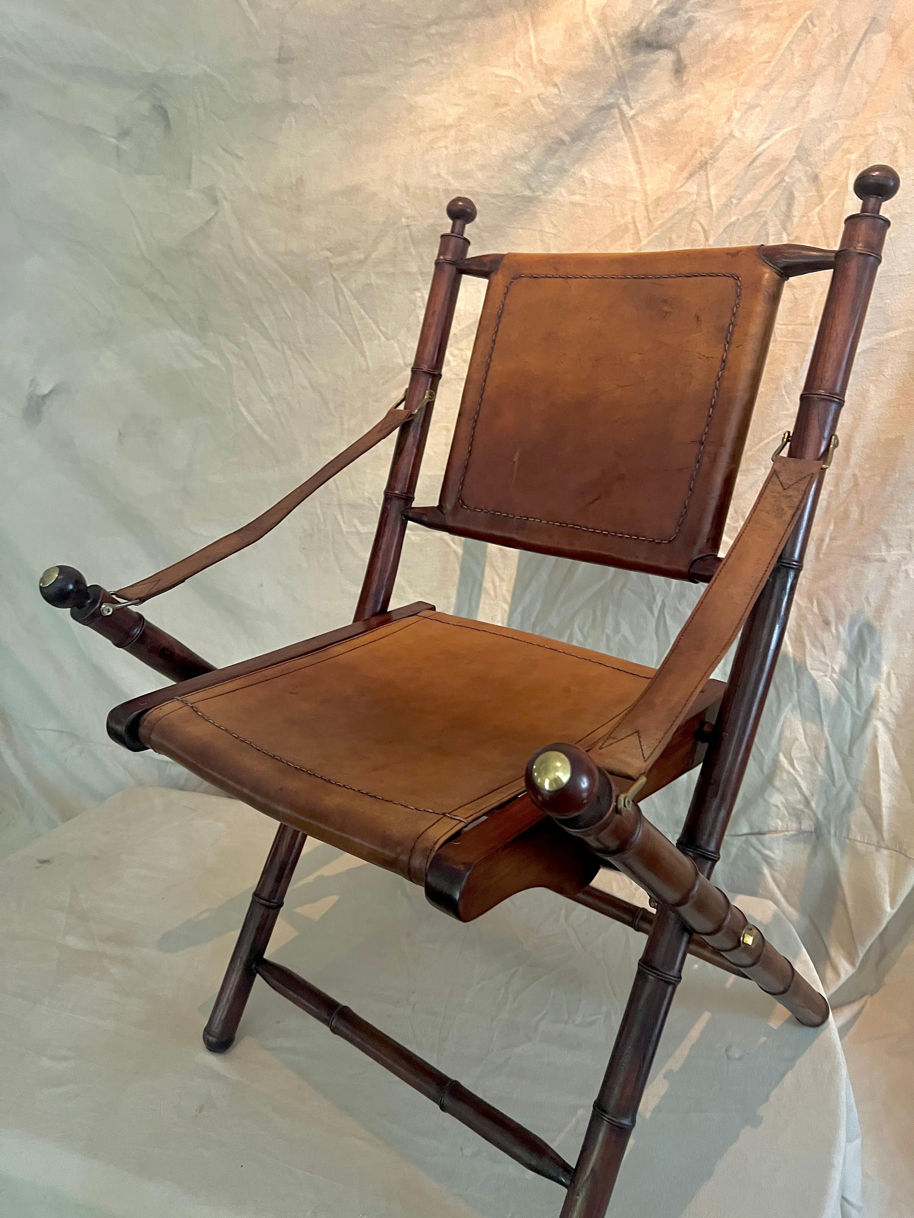 Pair of Faux Bamboo Folding Leather and Wood Campaign Chairs with Brass Details For Sale 1