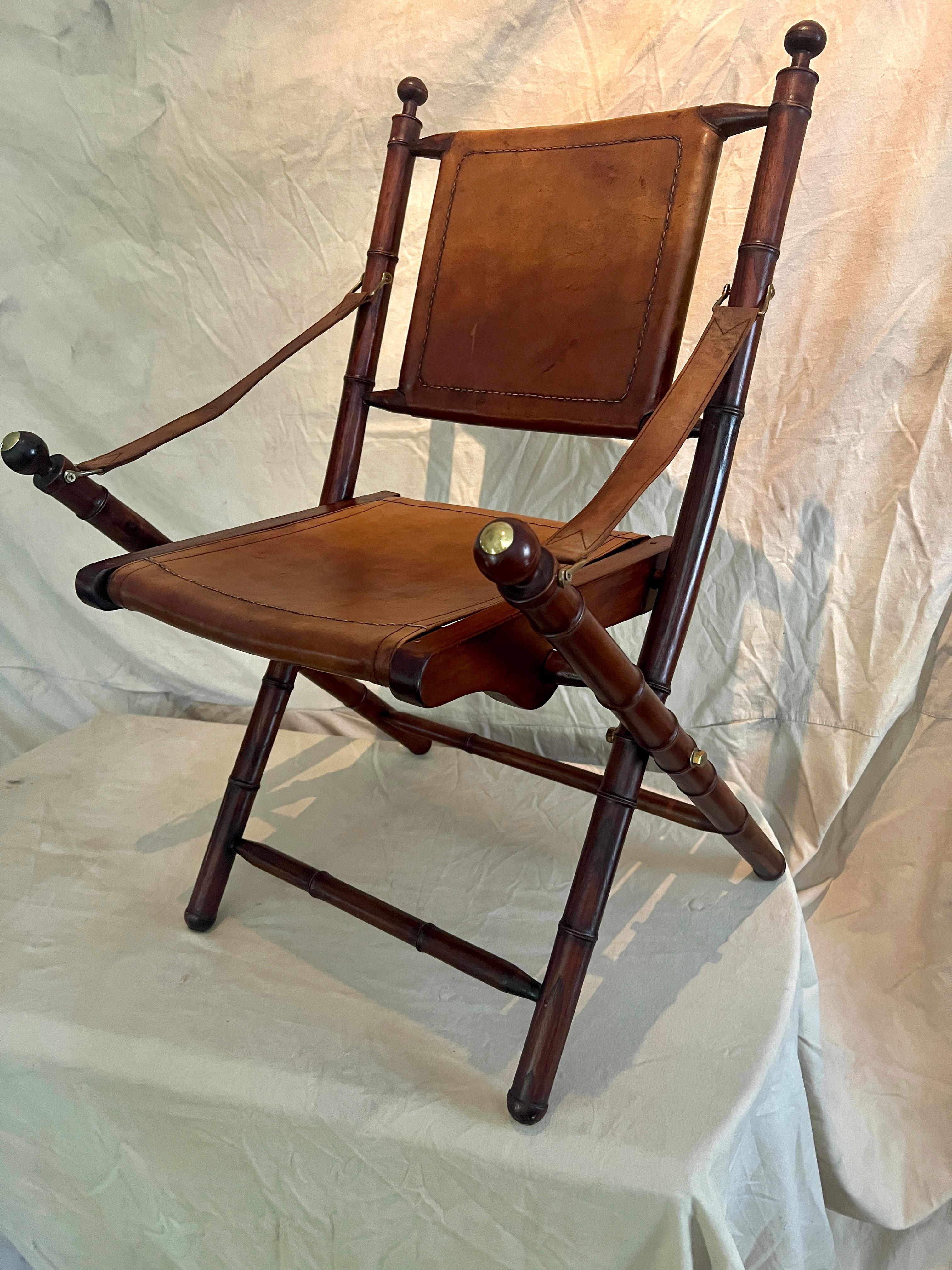 Pair of Faux Bamboo Folding Leather and Wood Campaign Chairs with Brass Details For Sale 2