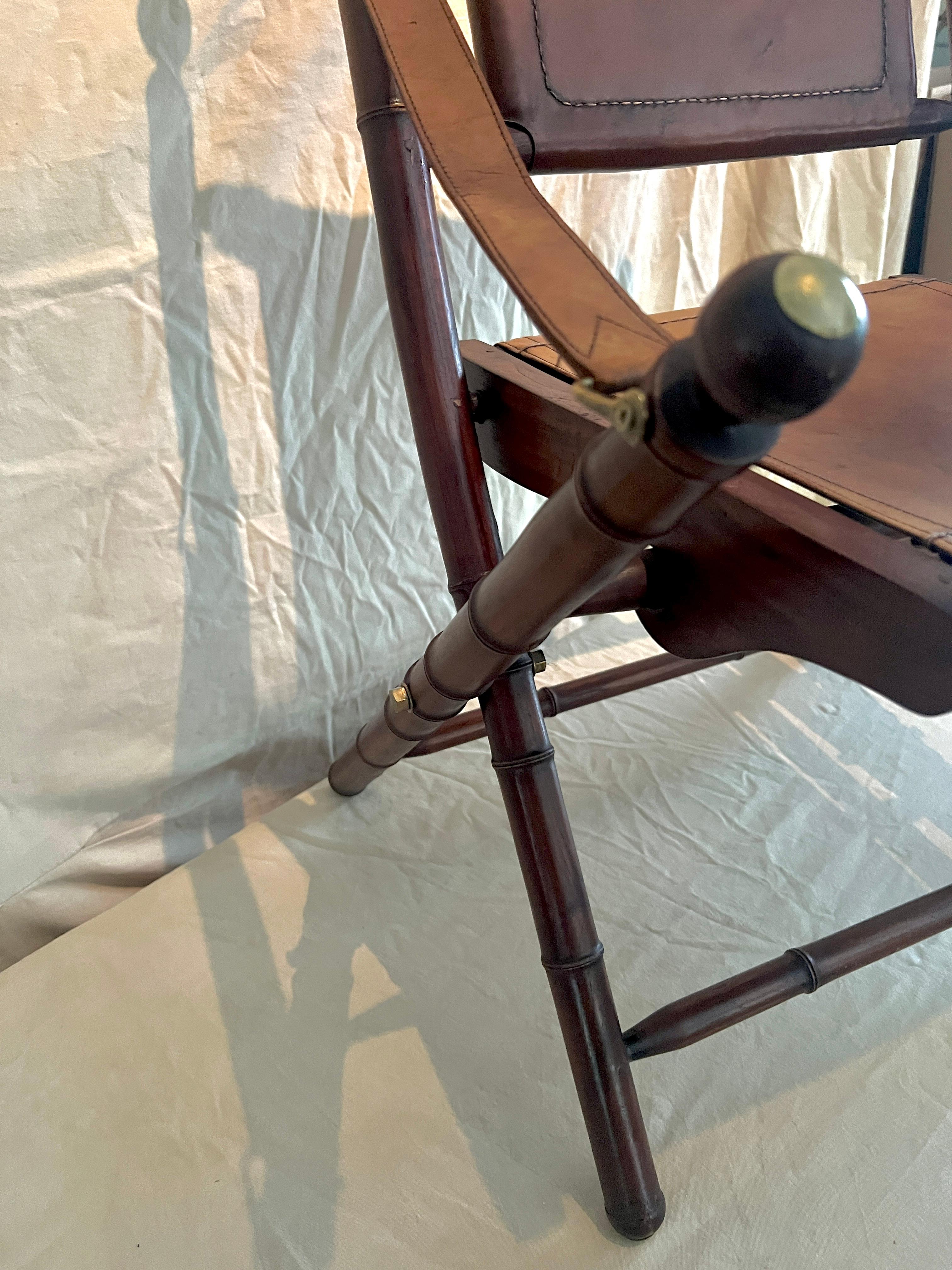 Pair of Faux Bamboo Folding Leather and Wood Campaign Chairs with Brass Details For Sale 3