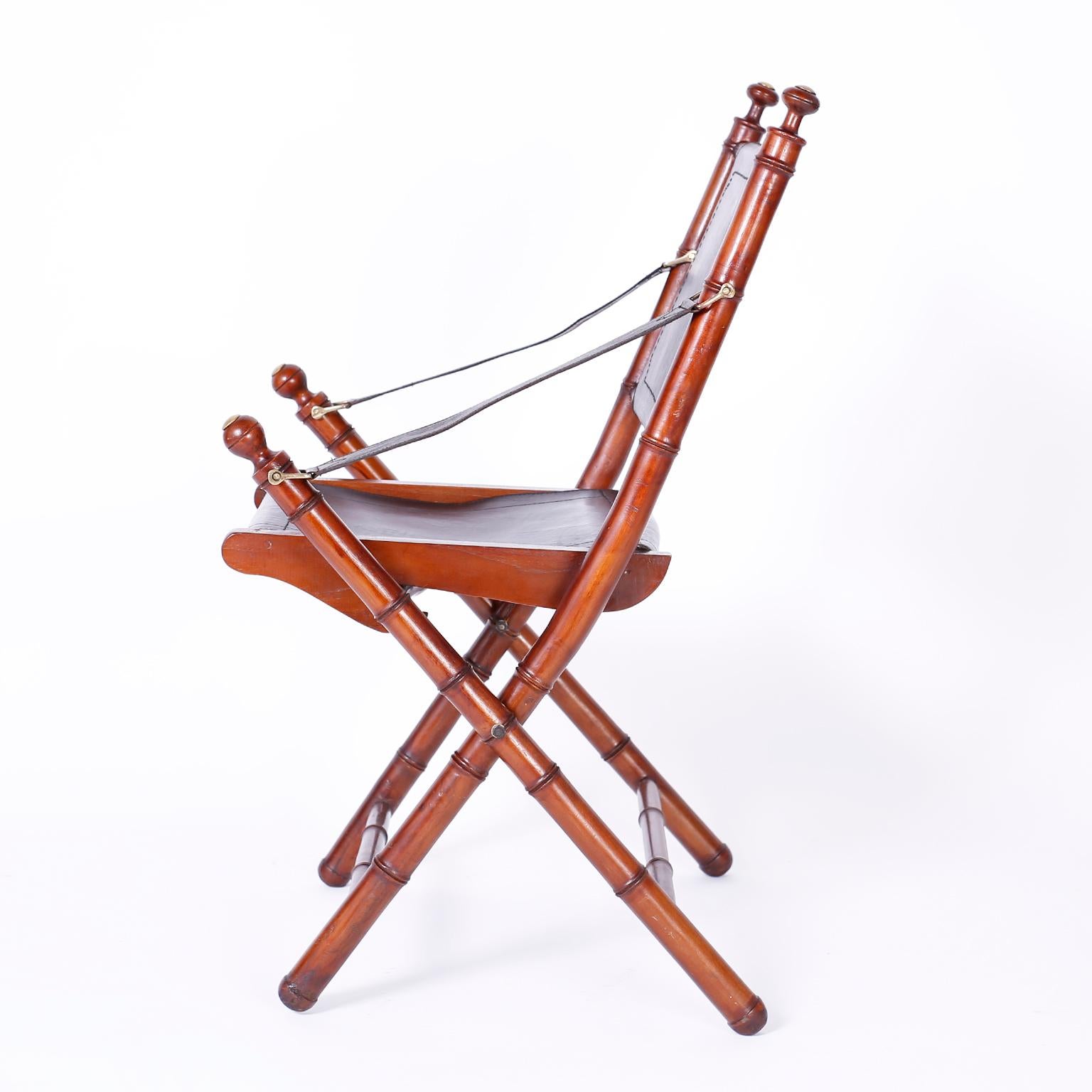 British Colonial Pair of Faux Bamboo Folding Safari Chairs