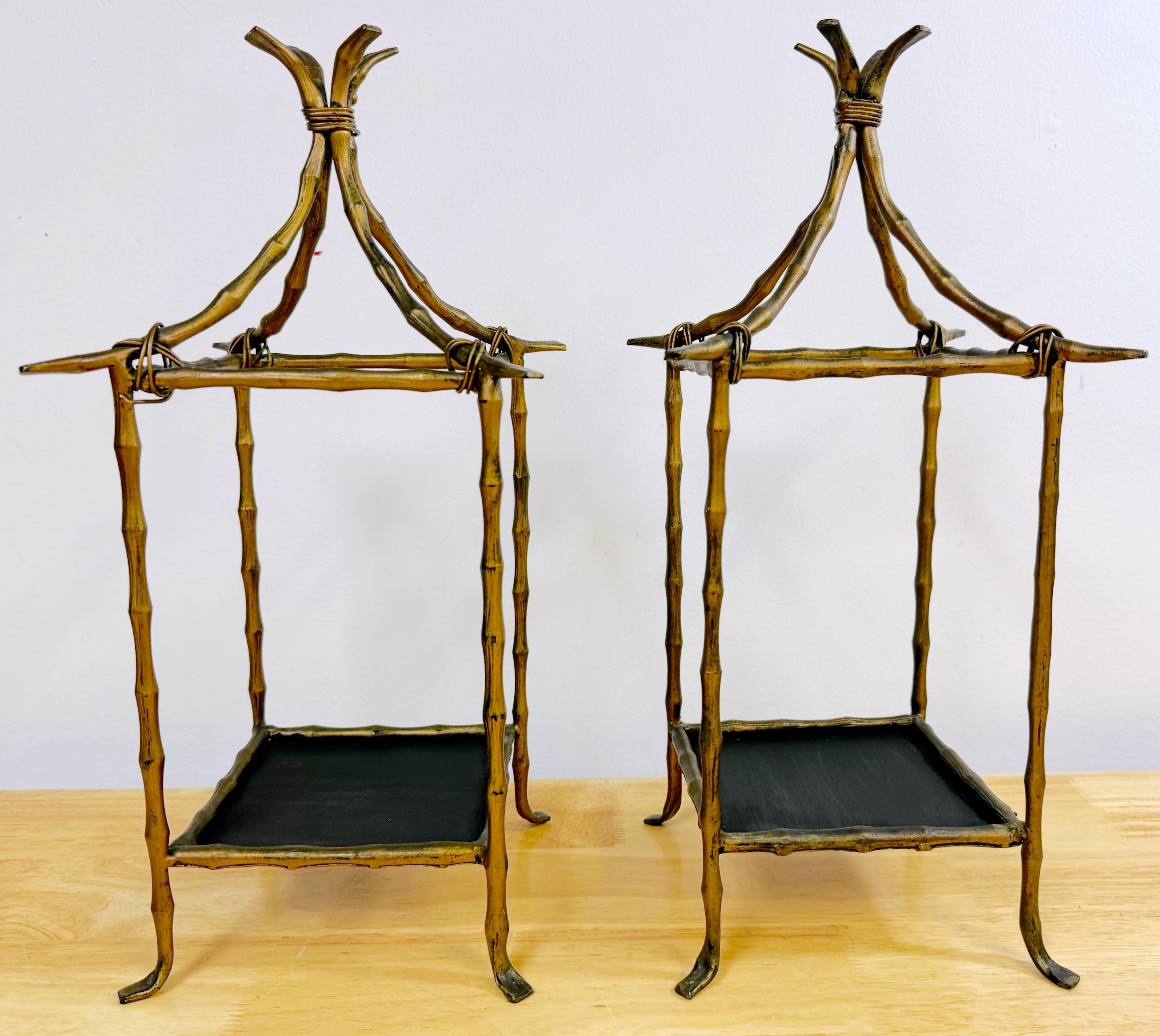Pair of Faux Bamboo Gilt Pagodas Display Shelves, Style of Billy Haines 
Italy, circa 1960s

A striking pair of faux bamboo gilt pagoda display shelves, made in Italy circa 1960s, in the style of the legendary designer Billy Haines. These elegant