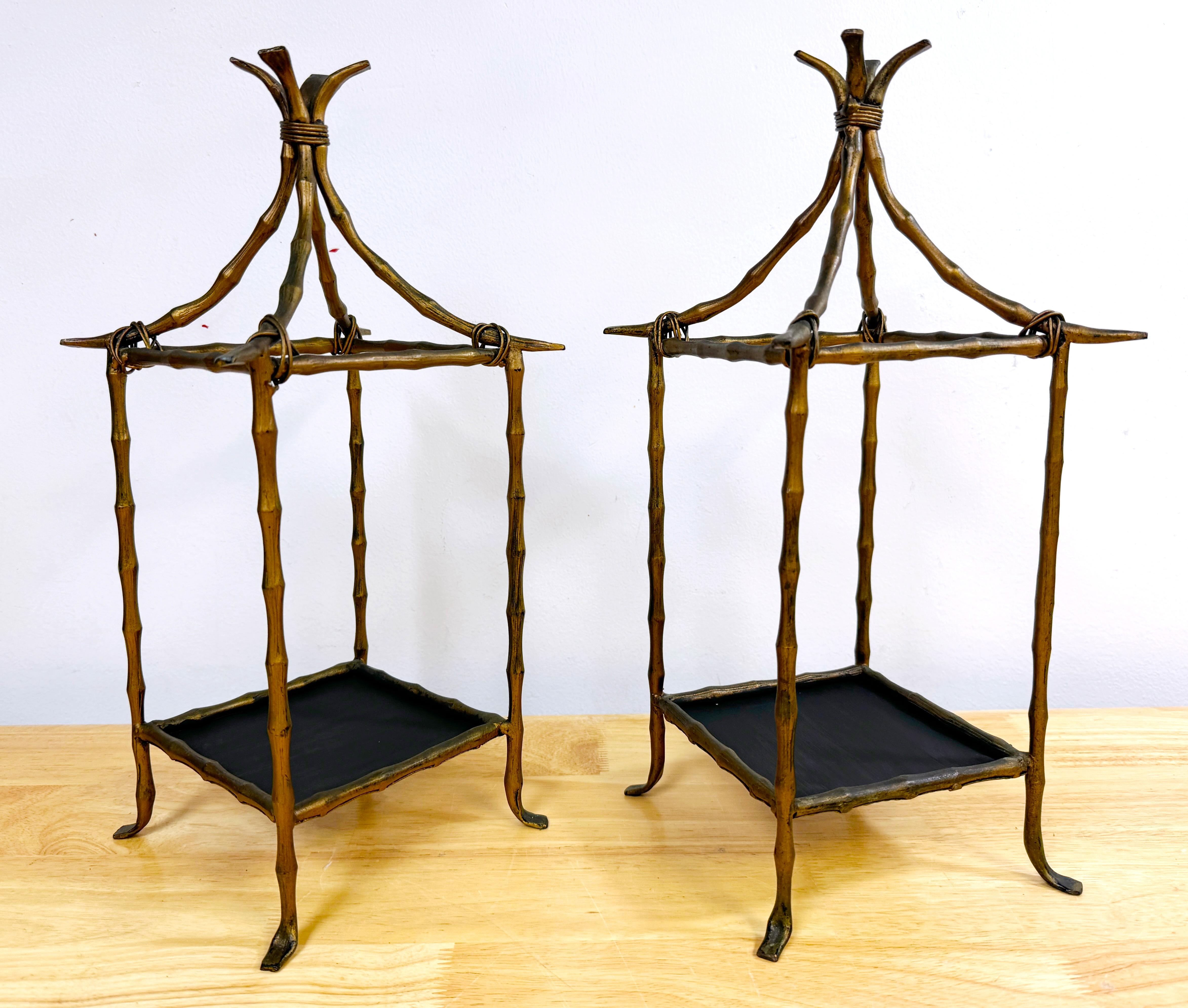 Hollywood Regency Pair of Faux Bamboo Gilt Pagodas Display Shelves, Style of Billy Haines For Sale
