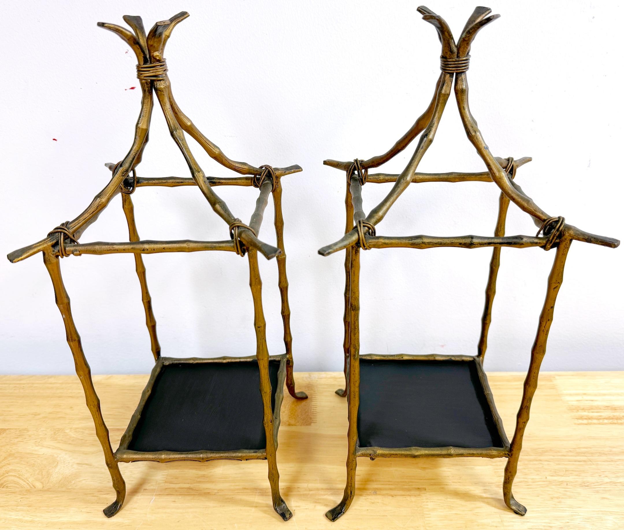 Blackened Pair of Faux Bamboo Gilt Pagodas Display Shelves, Style of Billy Haines For Sale