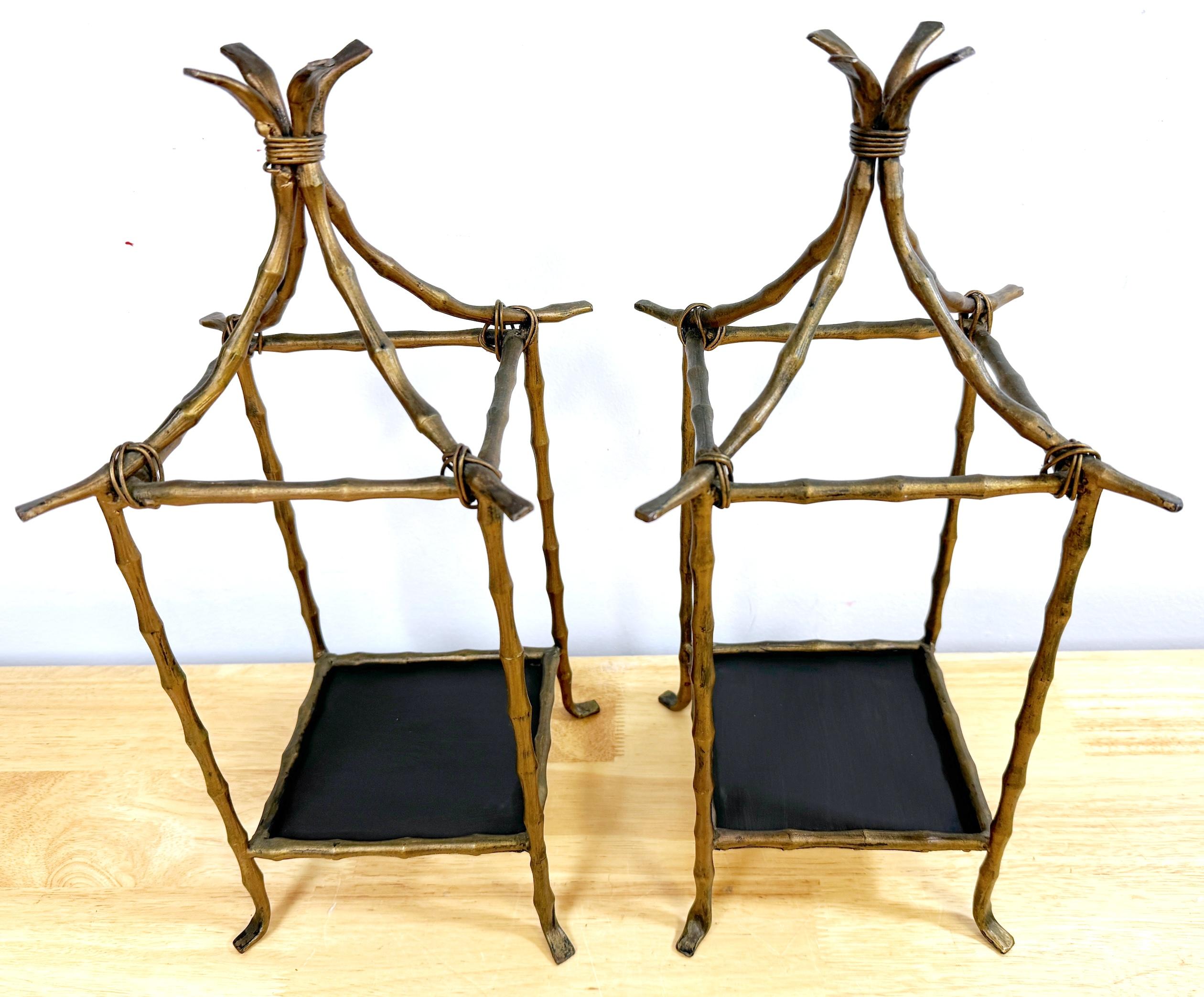 Pair of Faux Bamboo Gilt Pagodas Display Shelves, Style of Billy Haines In Good Condition For Sale In West Palm Beach, FL