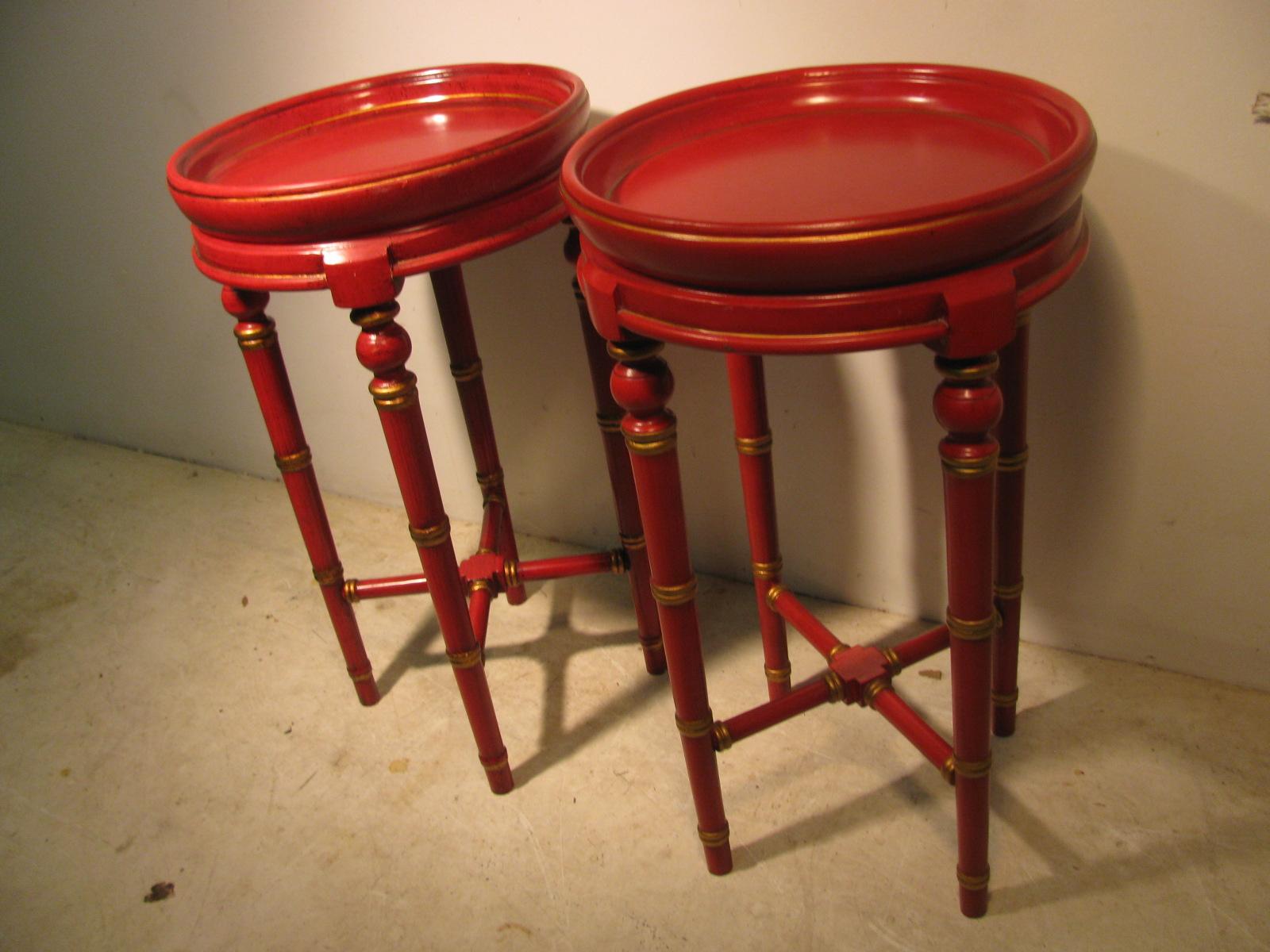 Fabulous pair of faux bamboo side tables drinks stand. Hand painted in a Chinese red with gold stenciling.