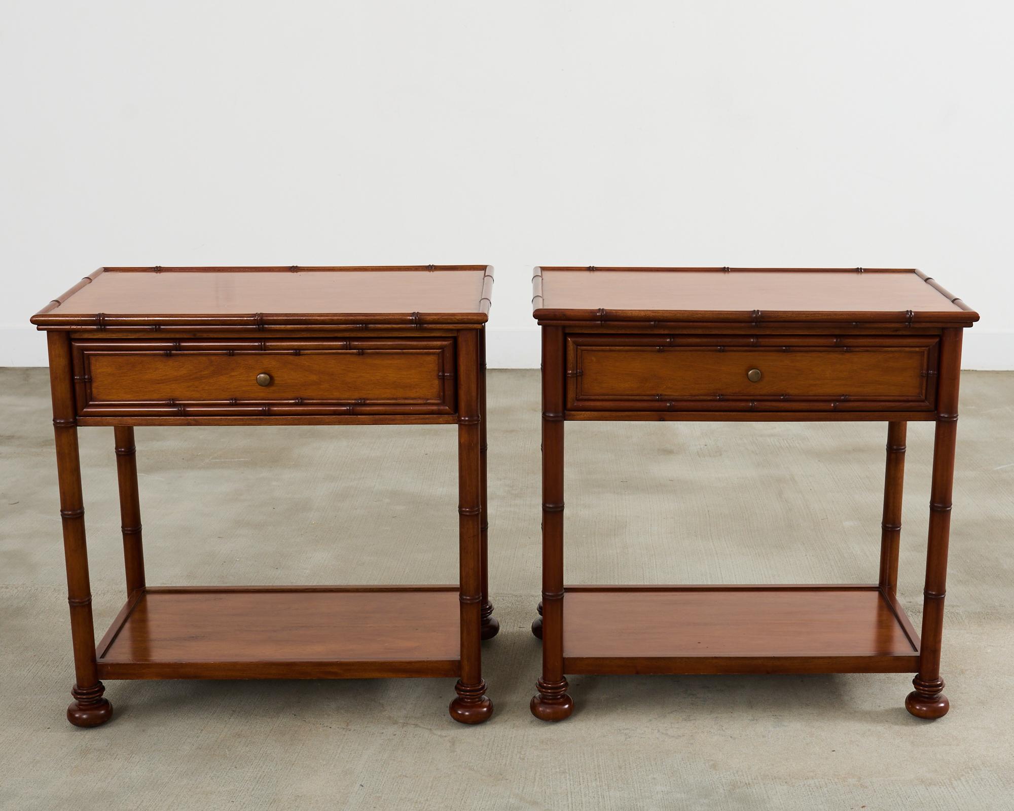 Hand-Crafted Pair of Faux Bamboo Hardwood Two-Tier Nightstands For Sale