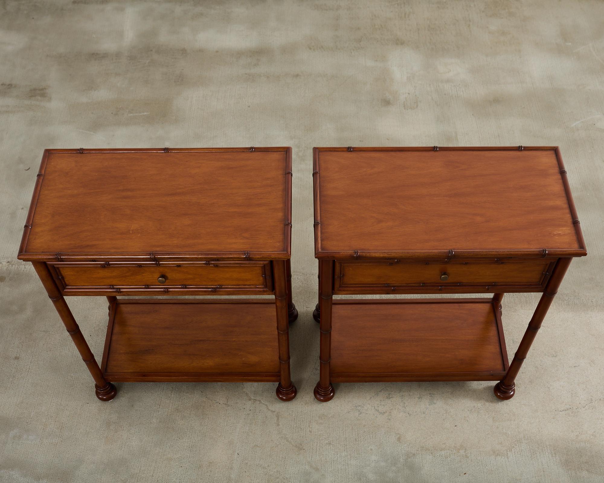 Contemporary Pair of Faux Bamboo Hardwood Two-Tier Nightstands For Sale