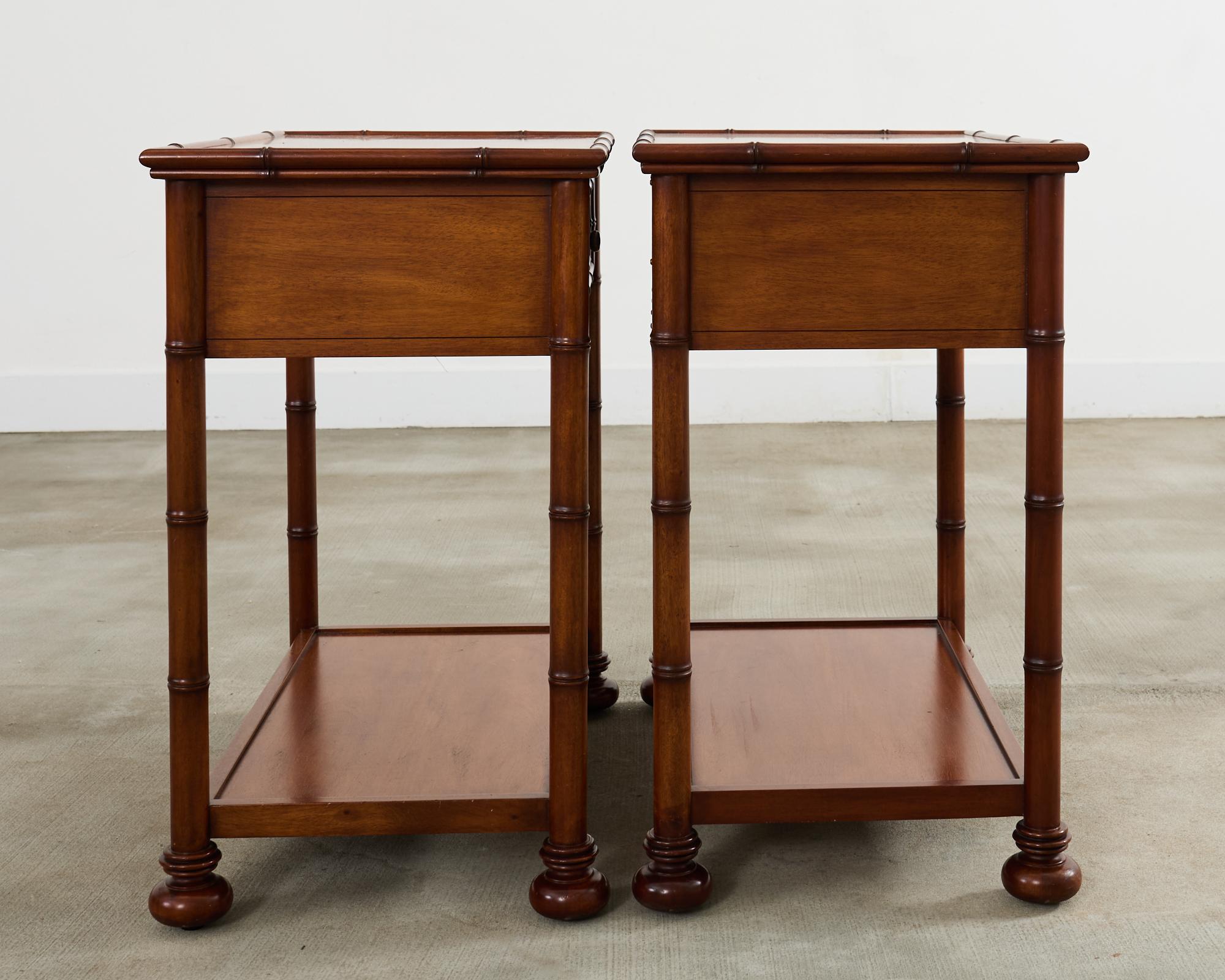 Brass Pair of Faux Bamboo Hardwood Two-Tier Nightstands For Sale