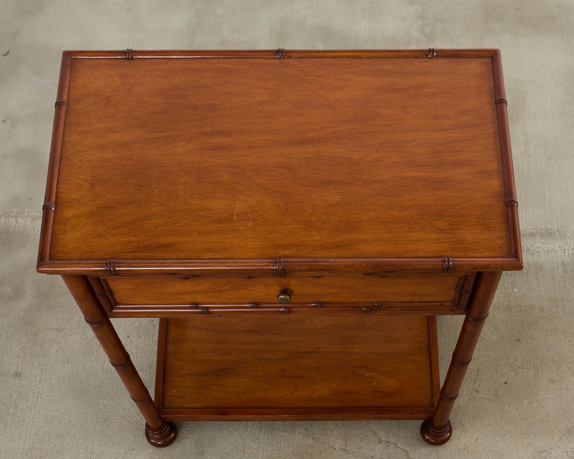 Pair of Faux Bamboo Hardwood Two-Tier Nightstands For Sale 2