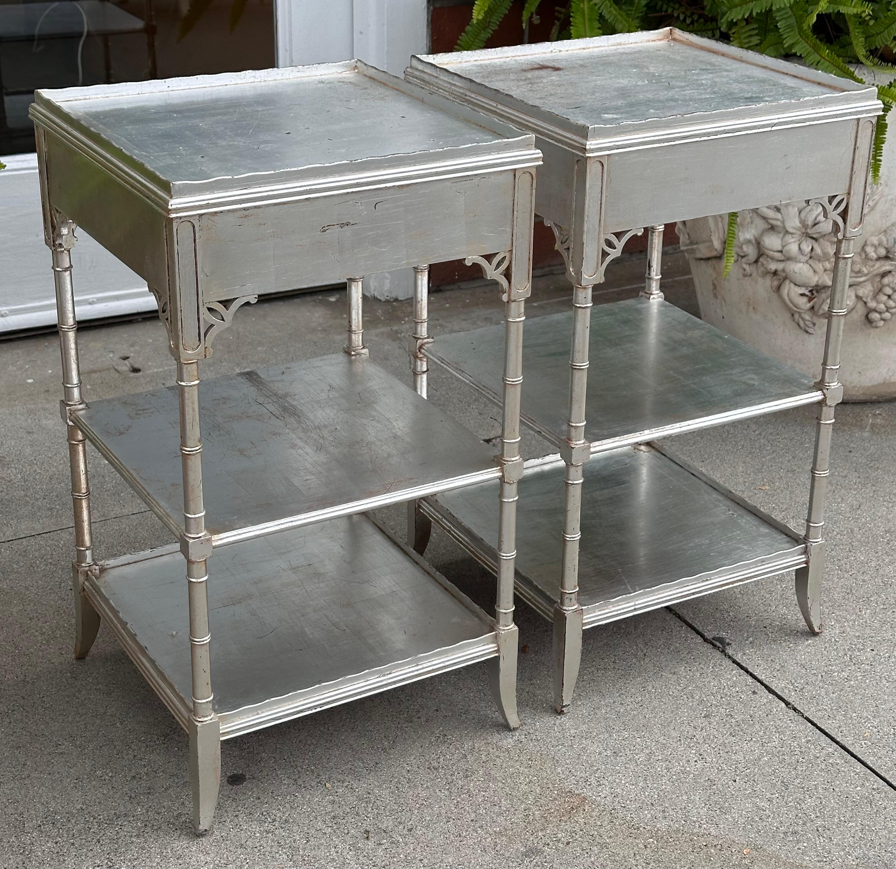 Pair of Faux Bamboo Hollywood Regency Silver End Table Nightstands In Good Condition For Sale In LOS ANGELES, CA