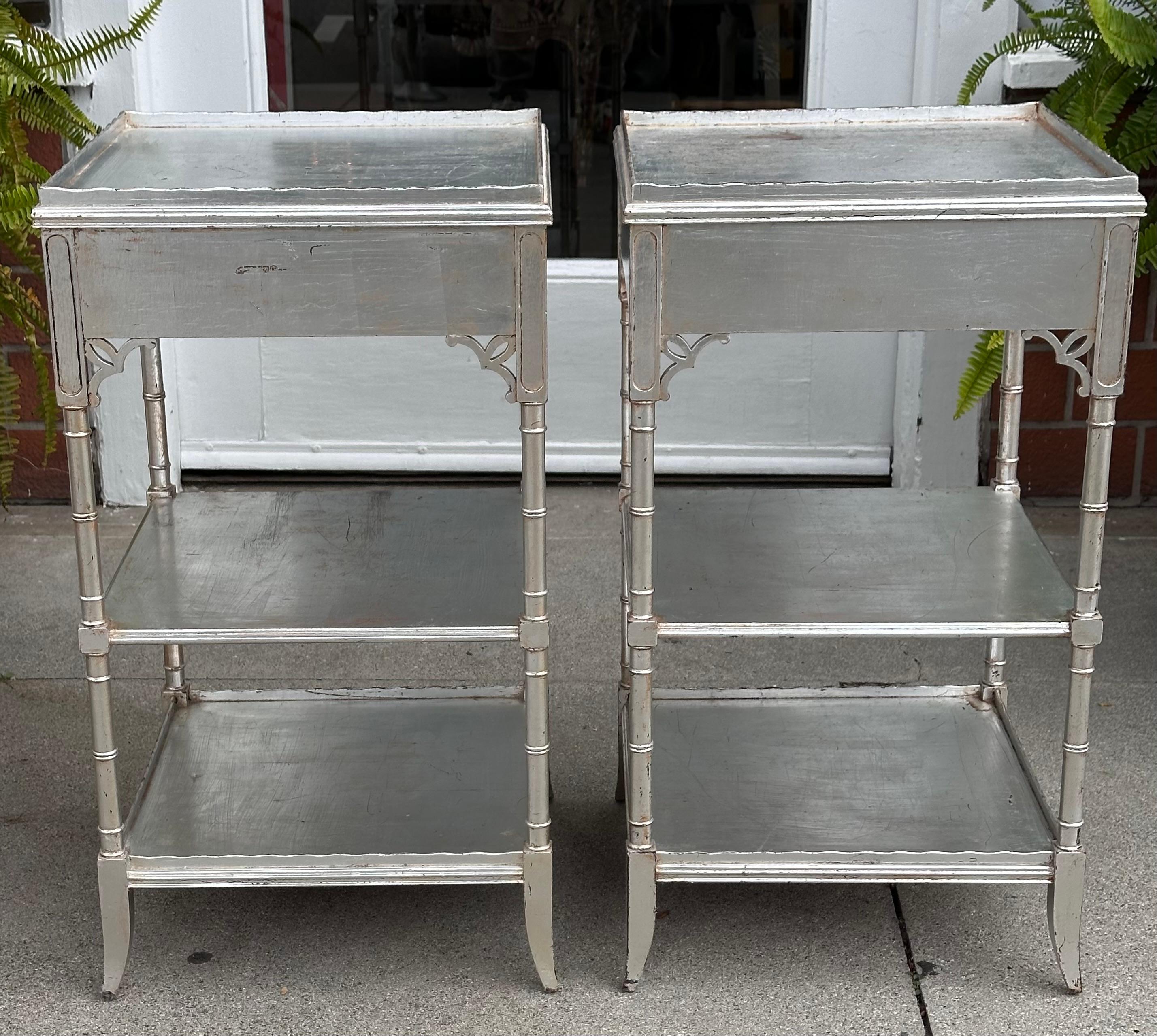 Mid-20th Century Pair of Faux Bamboo Hollywood Regency Silver End Table Nightstands For Sale