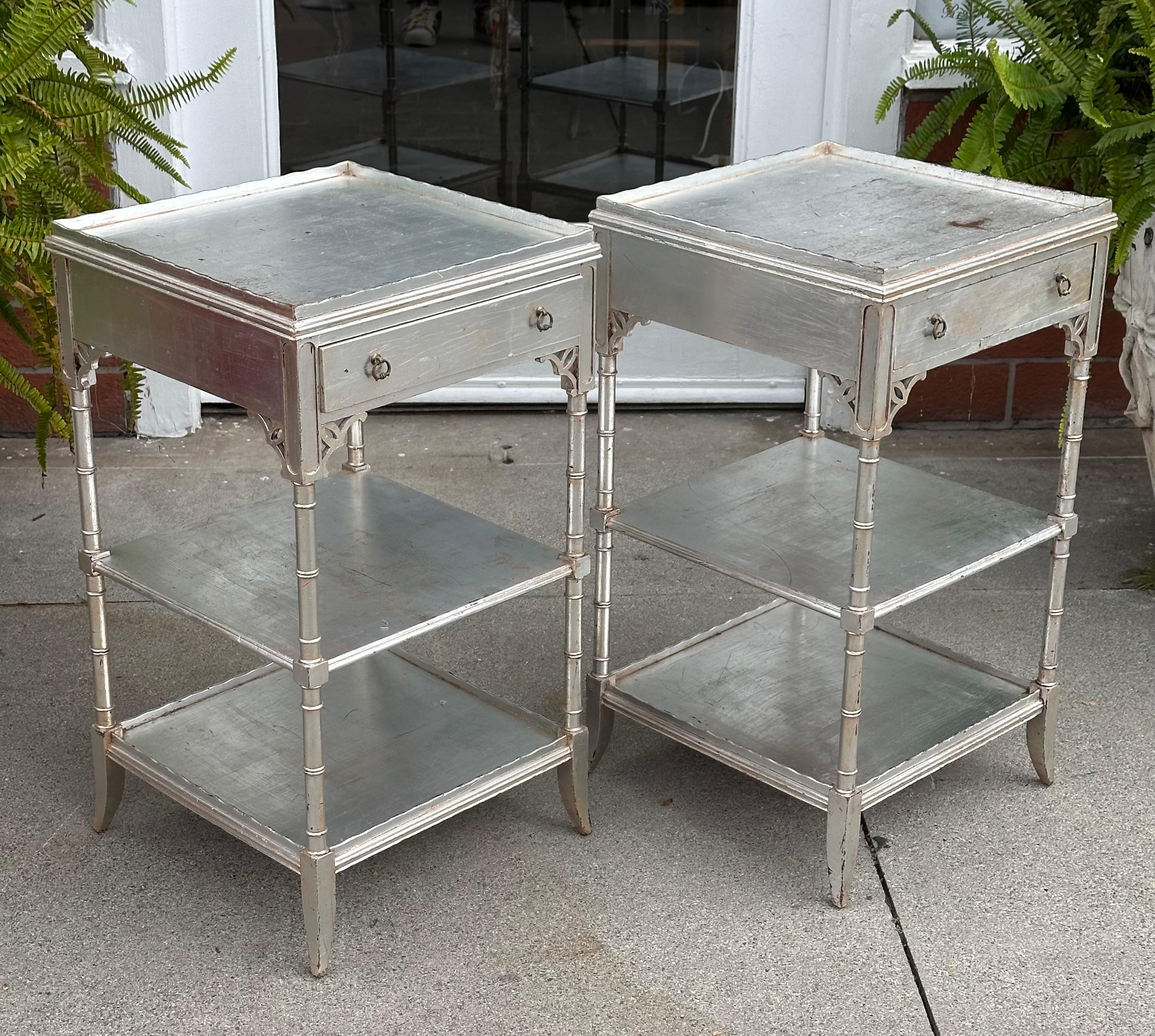 Pair of Faux Bamboo Hollywood Regency Silver End Table Nightstands For Sale 1