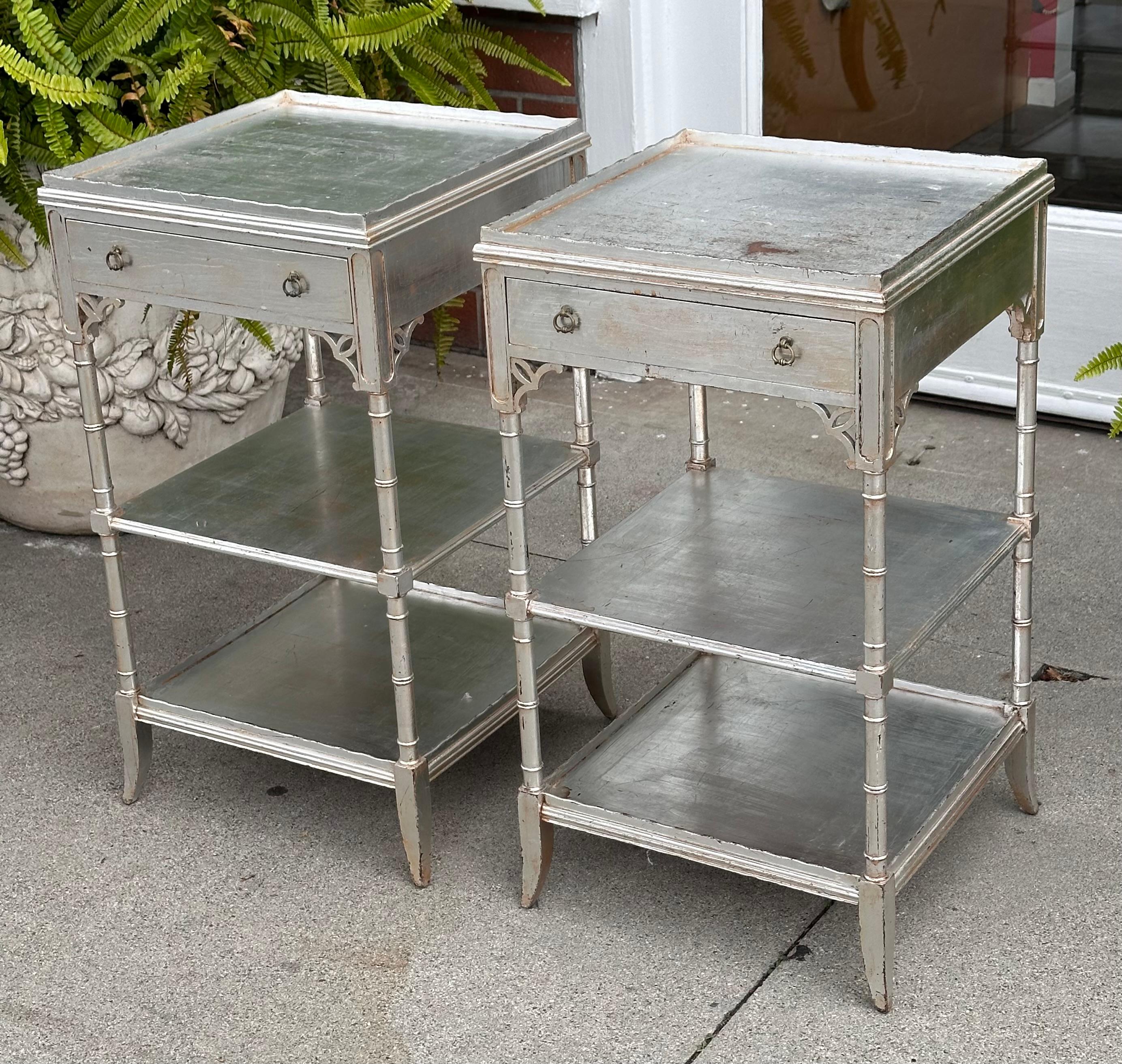 Pair of Faux Bamboo Hollywood Regency Silver End Table Nightstands For Sale 4