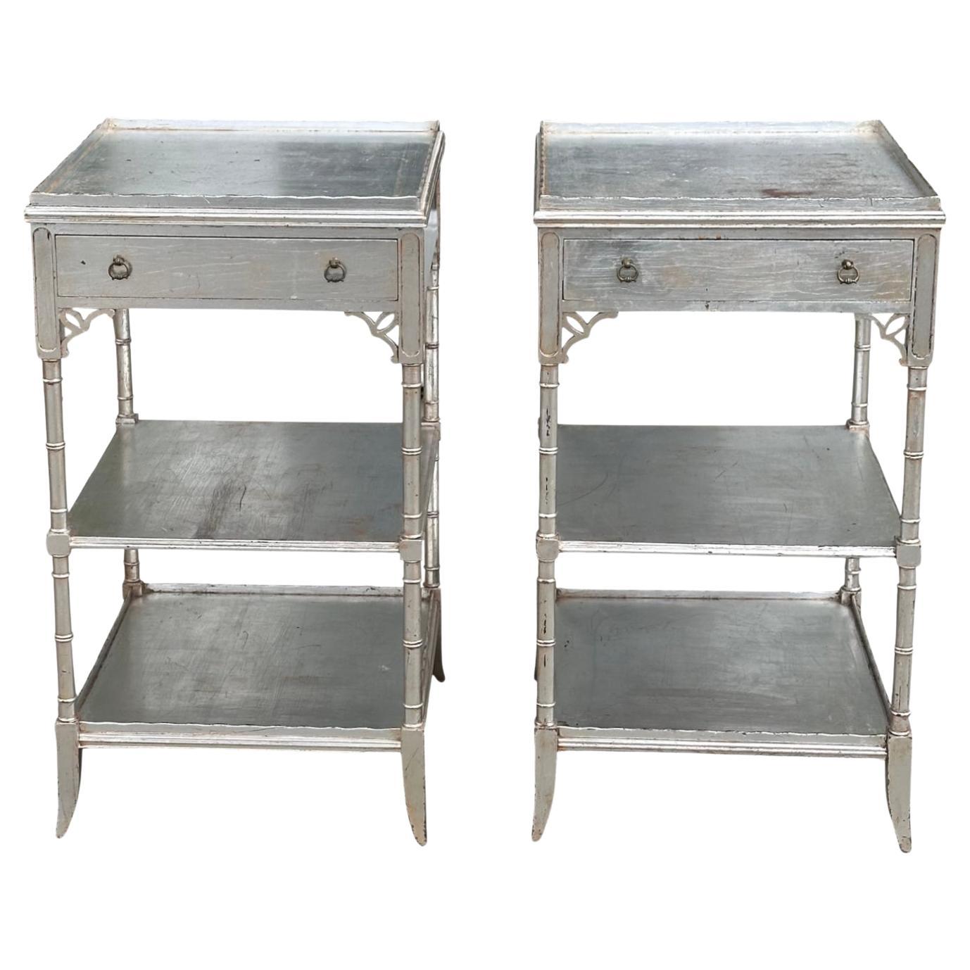 Pair of Faux Bamboo Hollywood Regency Silver End Table Nightstands For Sale