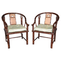 Pair of Faux Bamboo Interior CRafts of Chicago Armchairs in Green Upholstery