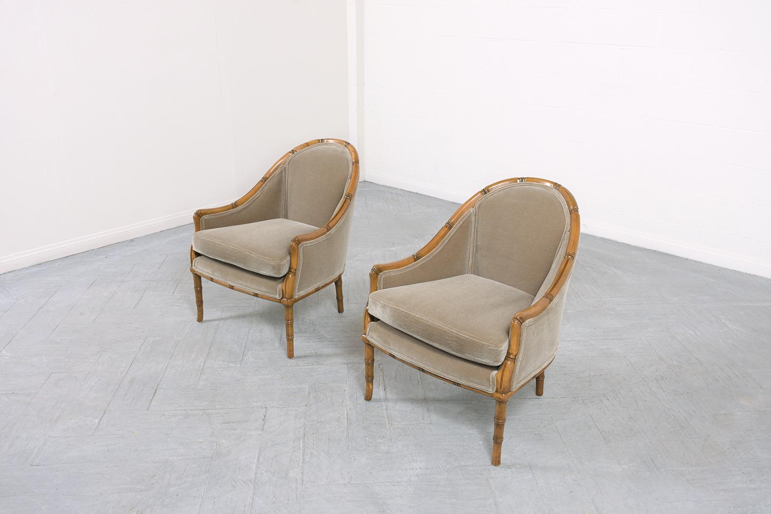 This extraordinary pair of elegant vintage lounge chairs are in great condition, hand-crafted out of solid wood, and has been professionally restored refinished, & upholstered by our expert craftsmen team. This fabulous 1960s set of two Chinese