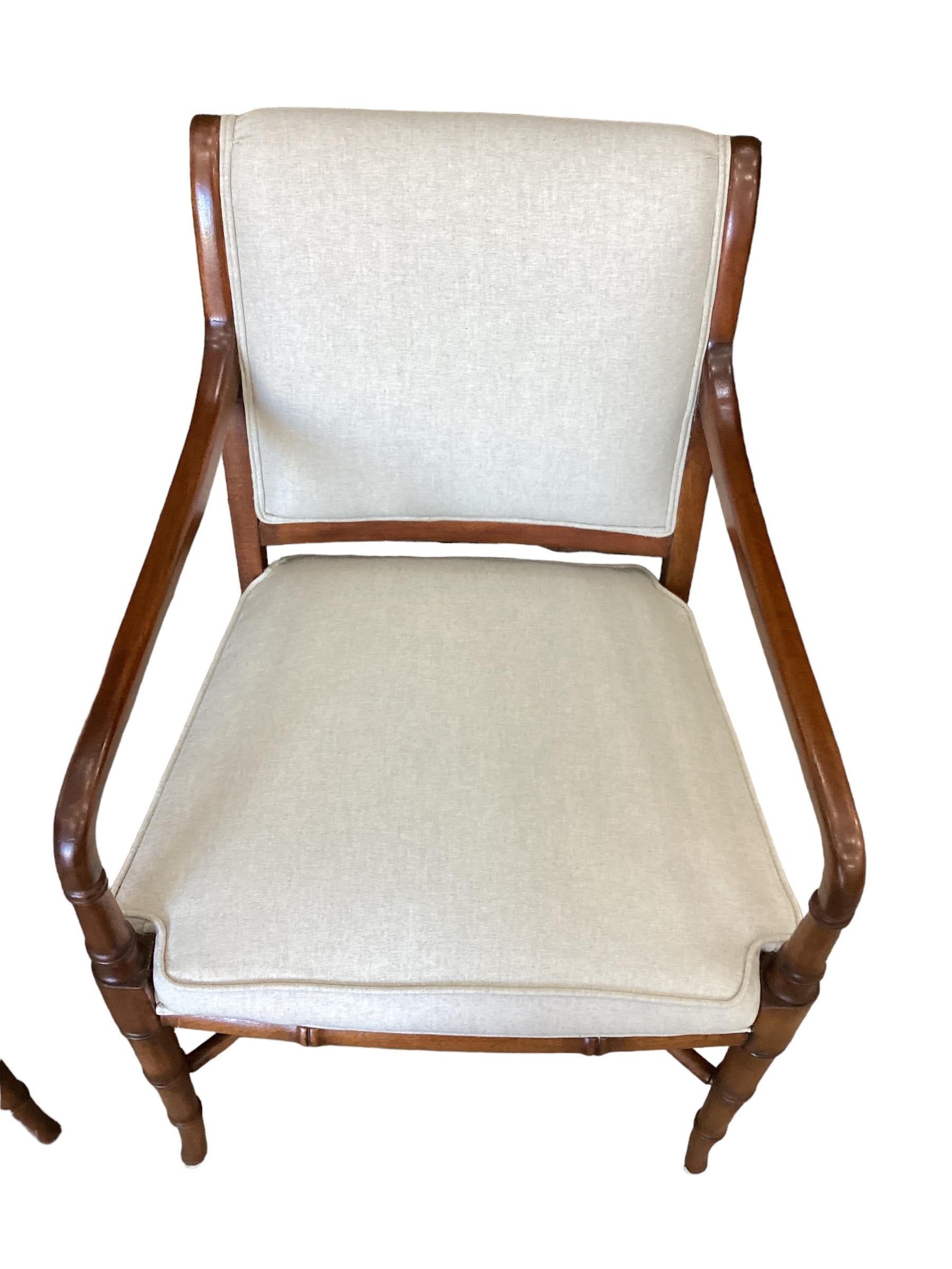 Linen Pair of Faux Bamboo Mahogany Armchairs  For Sale