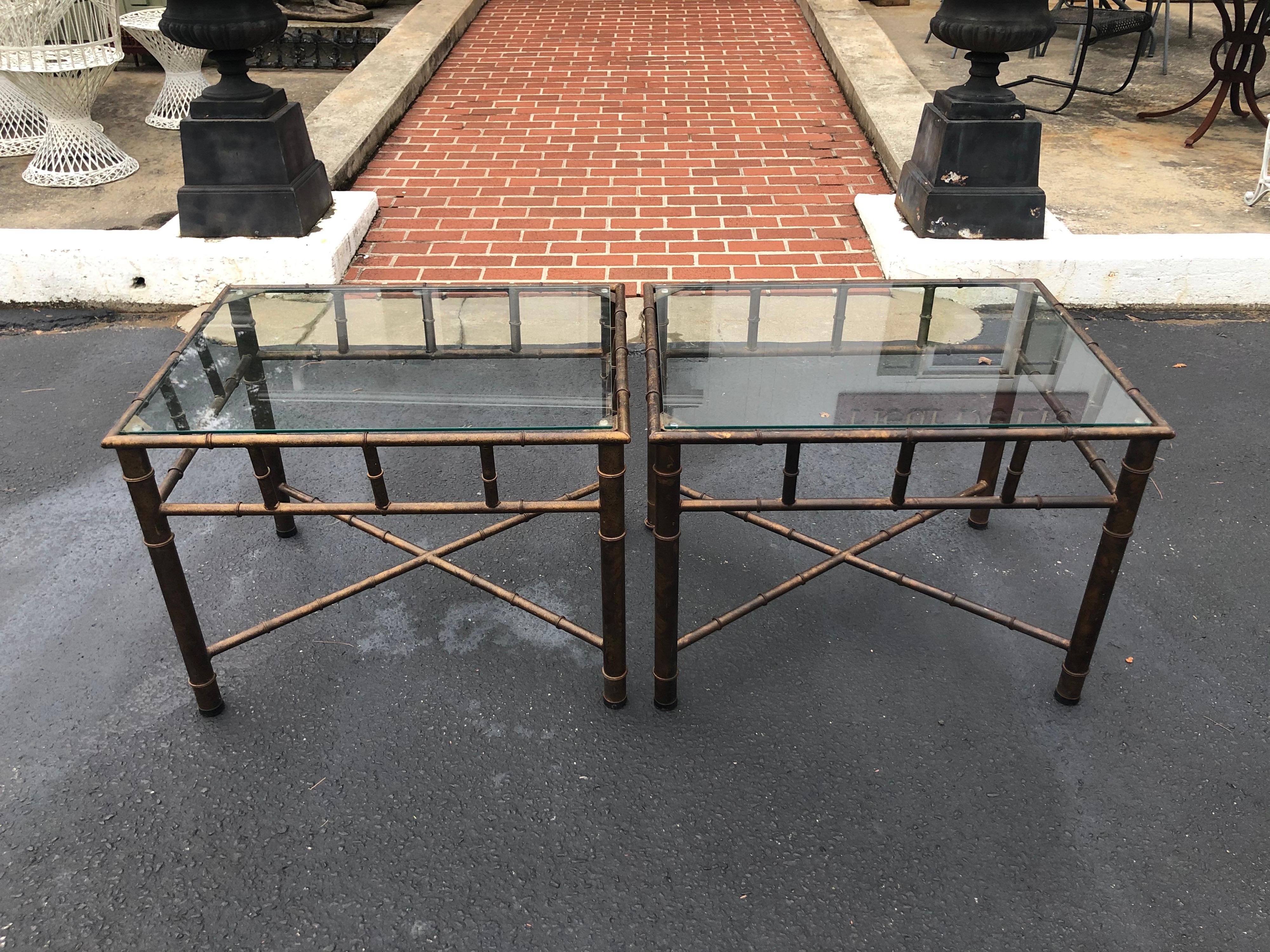 Pair of faux bamboo metal end tables or use as nightstands. Timeless, traditional design in the style of Diego Giacometti. Quantity is 2.  The price is for the pair not per item. 
Elegant and sophisticated for that clean urban apartment or country