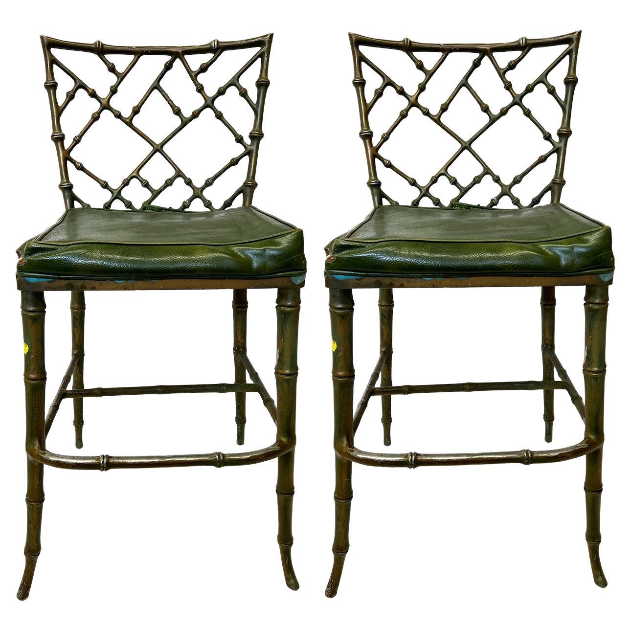 Pair of Faux Bamboo Metal Frame Chair Stools