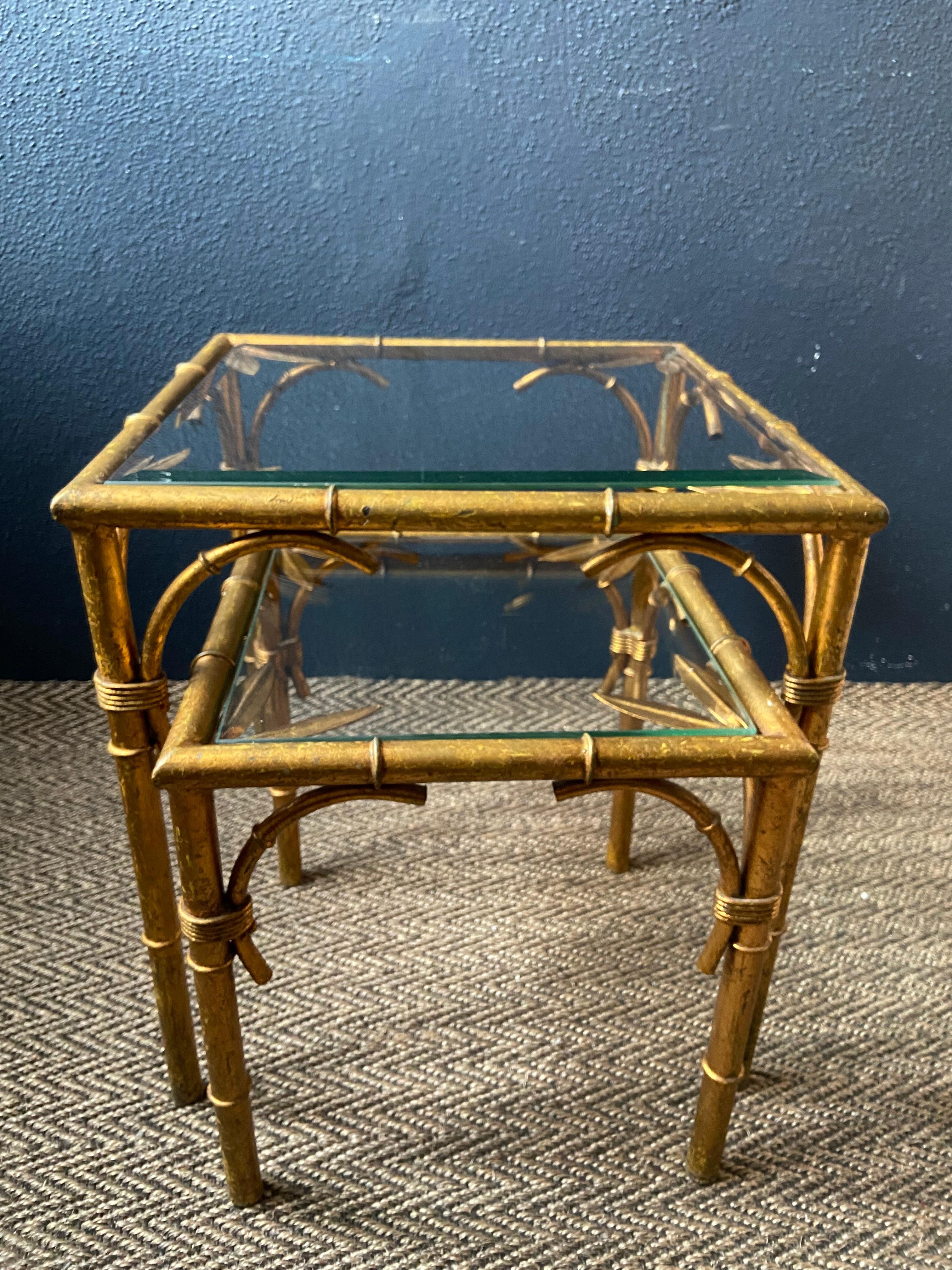 Hollywood Regency Pair of Faux Bamboo Nesting Tables with Glass Tops, France, 1960s For Sale
