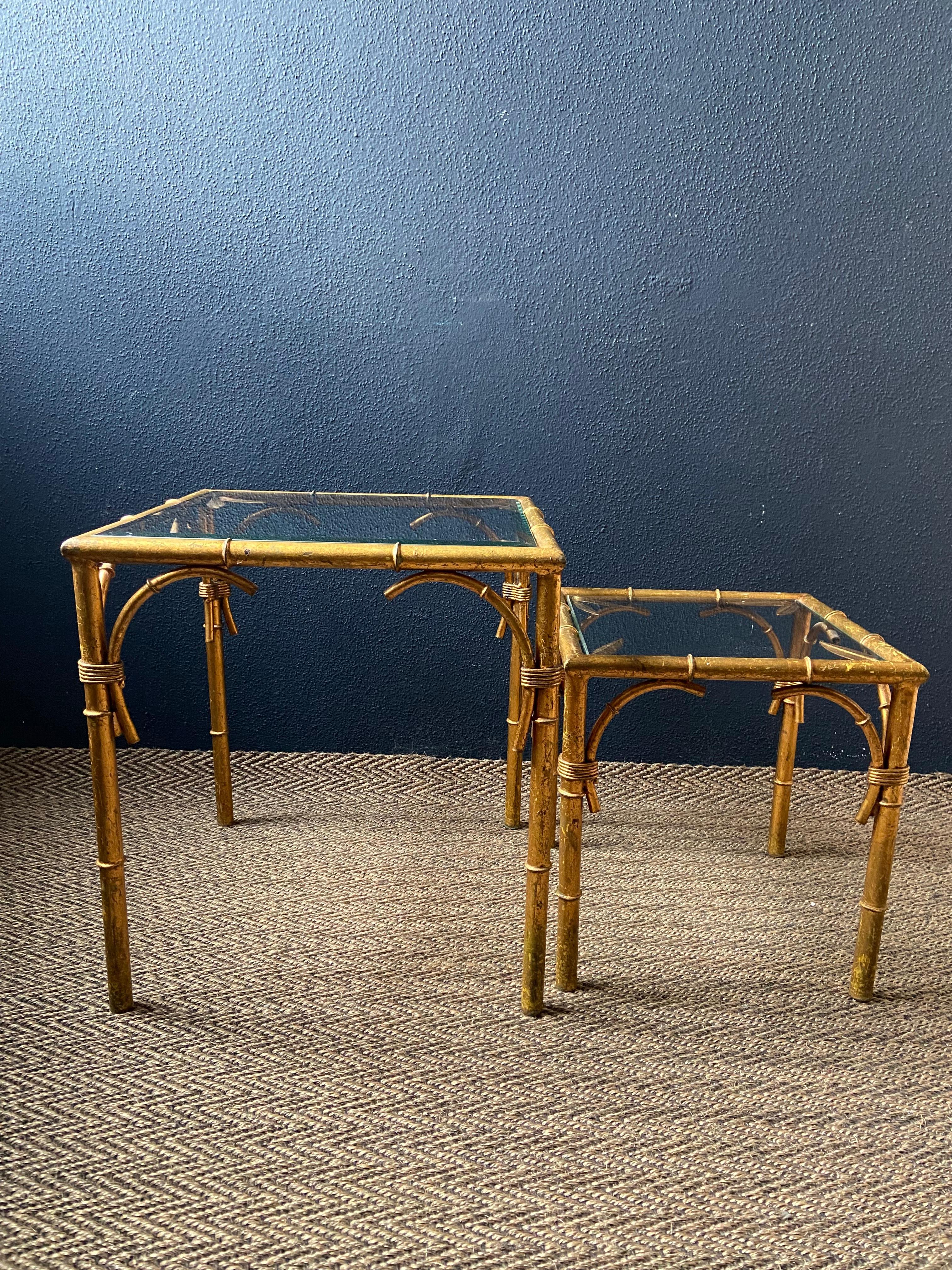 French Pair of Faux Bamboo Nesting Tables with Glass Tops, France, 1960s For Sale