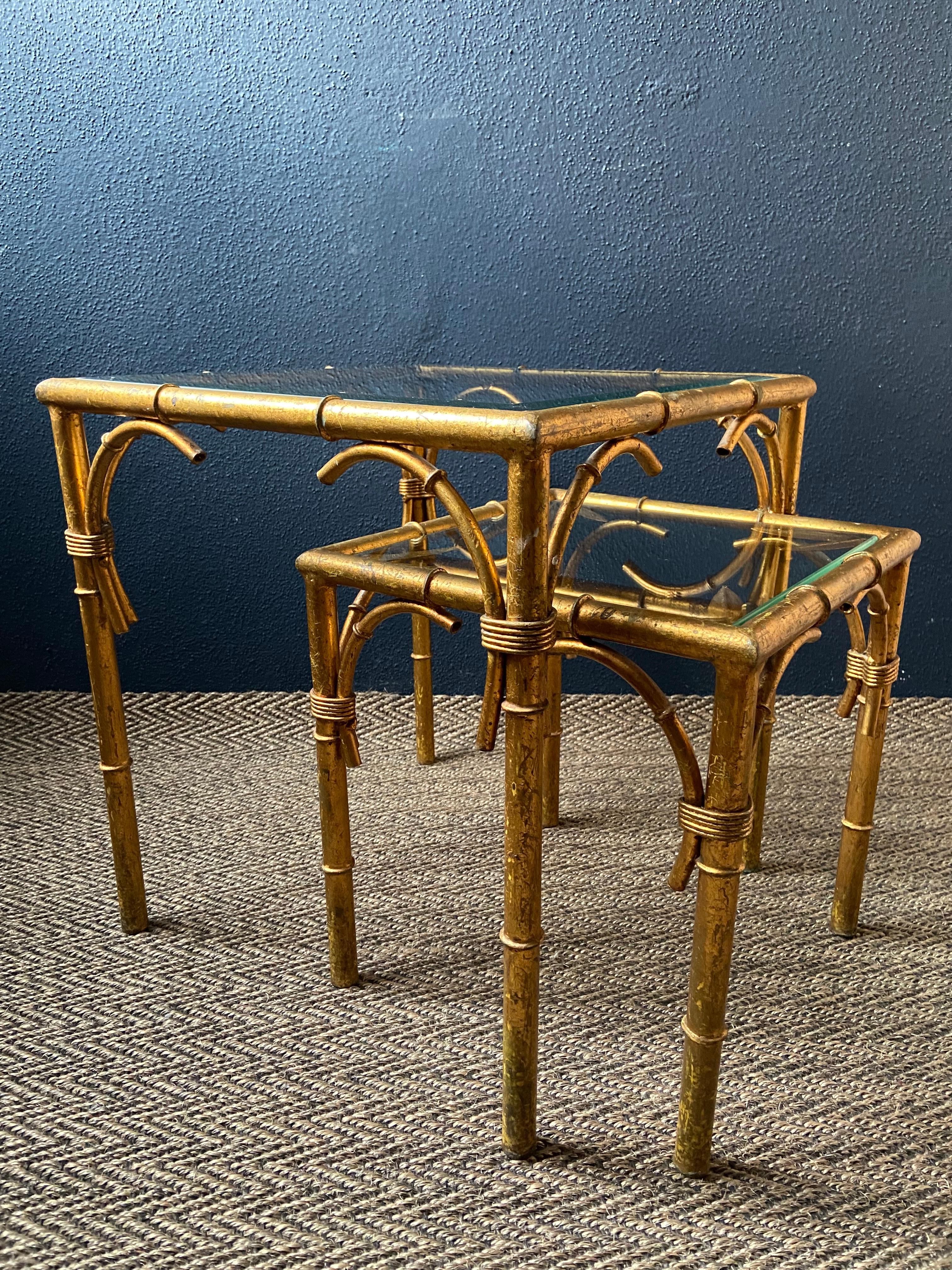 Gilt Pair of Faux Bamboo Nesting Tables with Glass Tops, France, 1960s For Sale