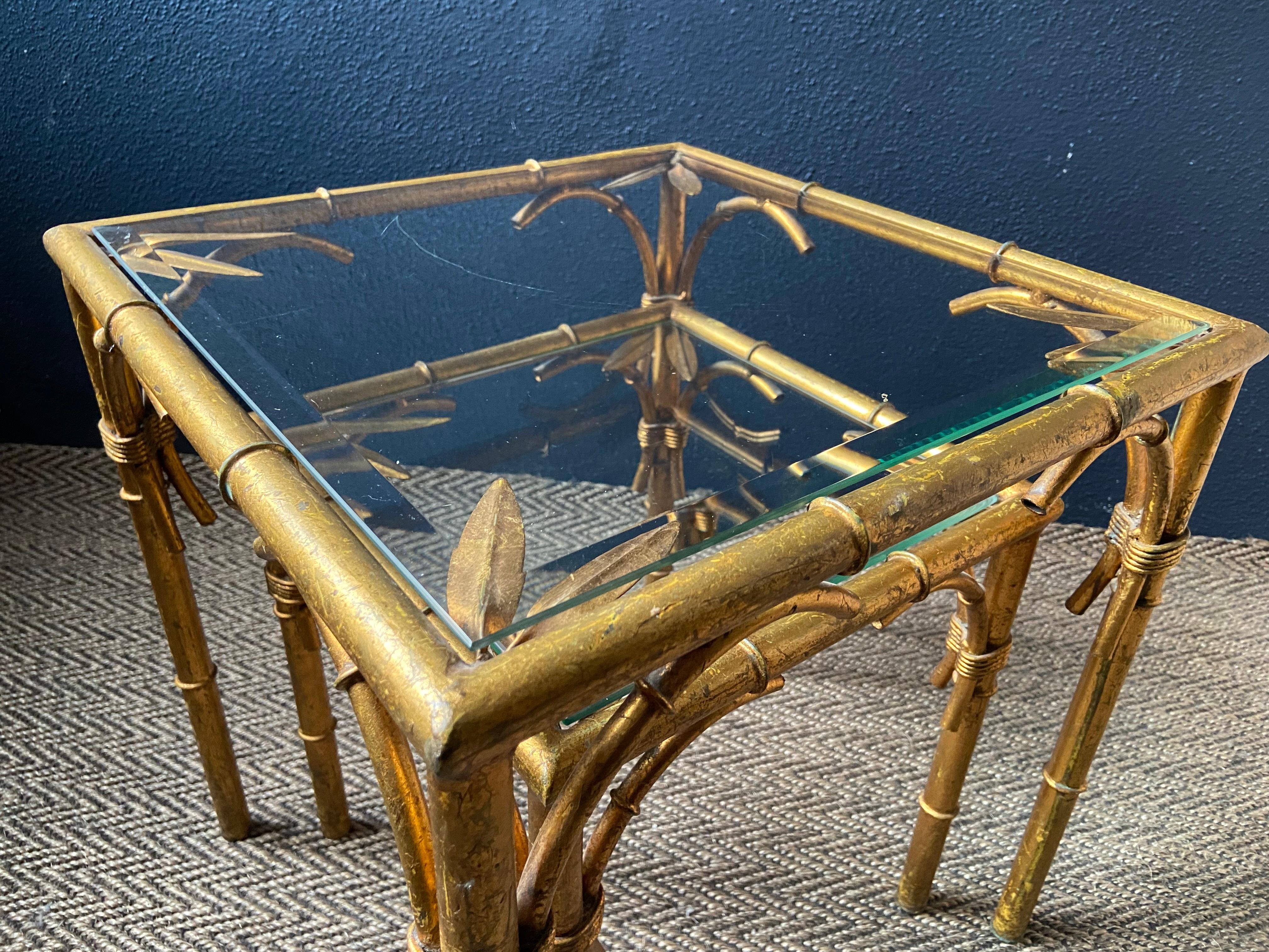 Metal Pair of Faux Bamboo Nesting Tables with Glass Tops, France, 1960s For Sale