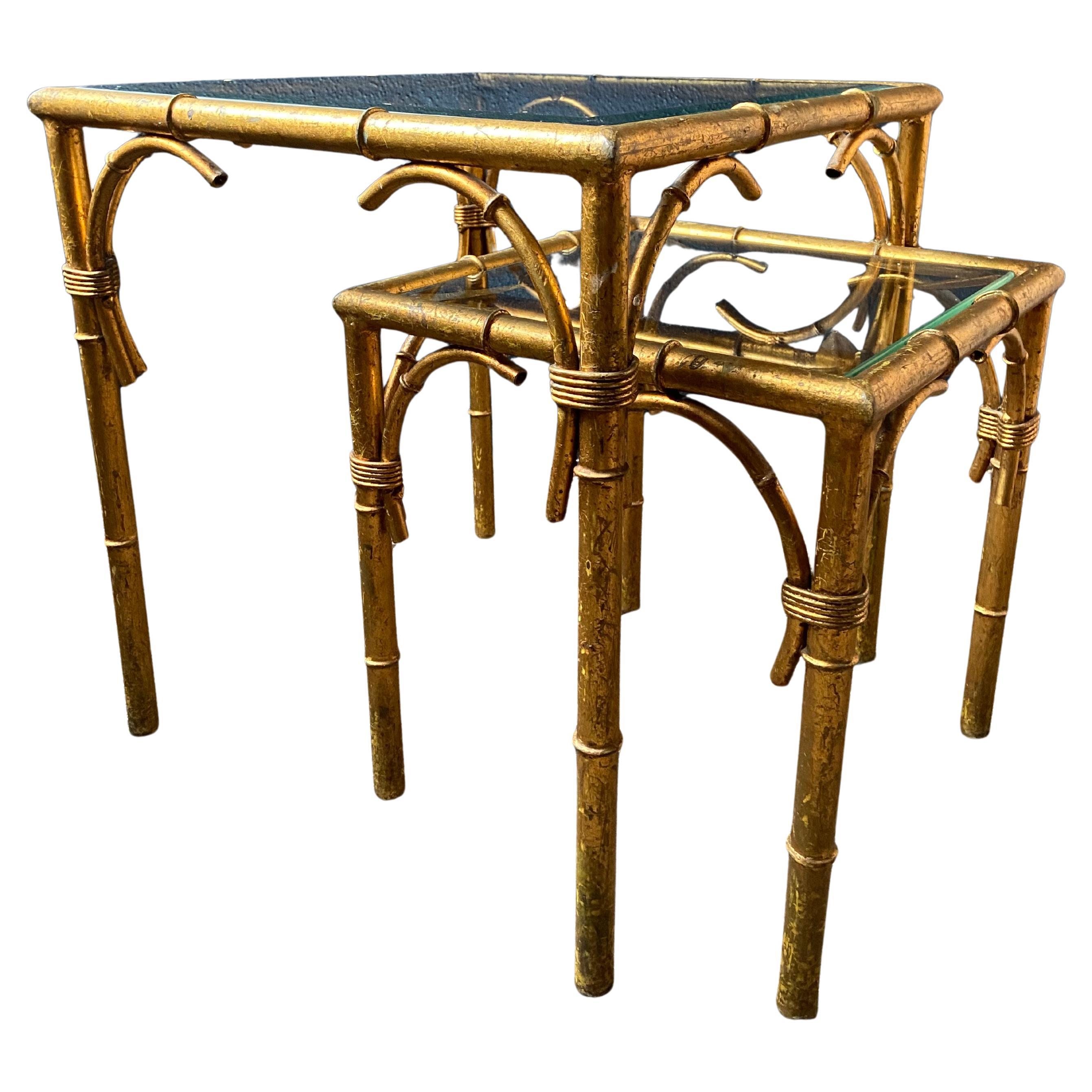 Pair of Faux Bamboo Nesting Tables with Glass Tops, France, 1960s
