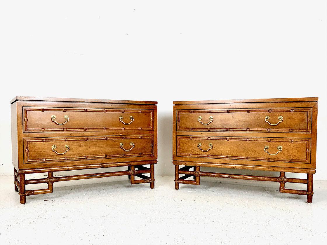 Pair of faux bamboo Ficks Reed nightstands. Nightstands are structurally sound and in good vintage condition. Refinishing is recommended due to wear from use.

Dimensions
36 W x 18.5 D x 25 H.