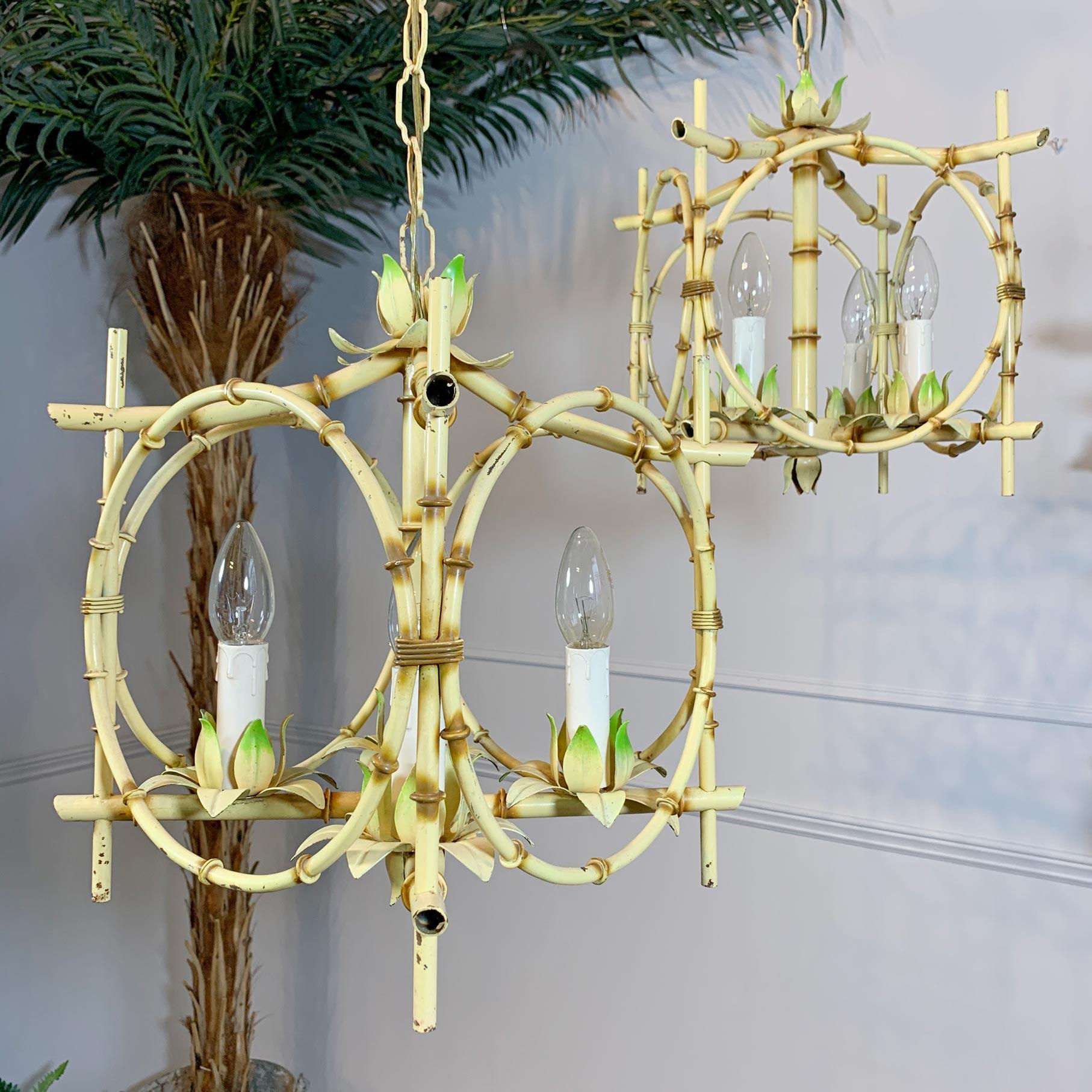 Pair of Faux Bamboo Pagoda Chandeliers Italy 1950's For Sale 2