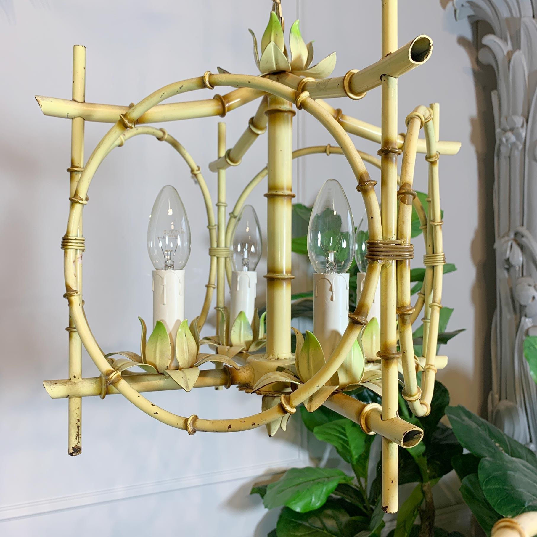Pair of Faux Bamboo Pagoda Chandeliers Italy 1950's For Sale 3