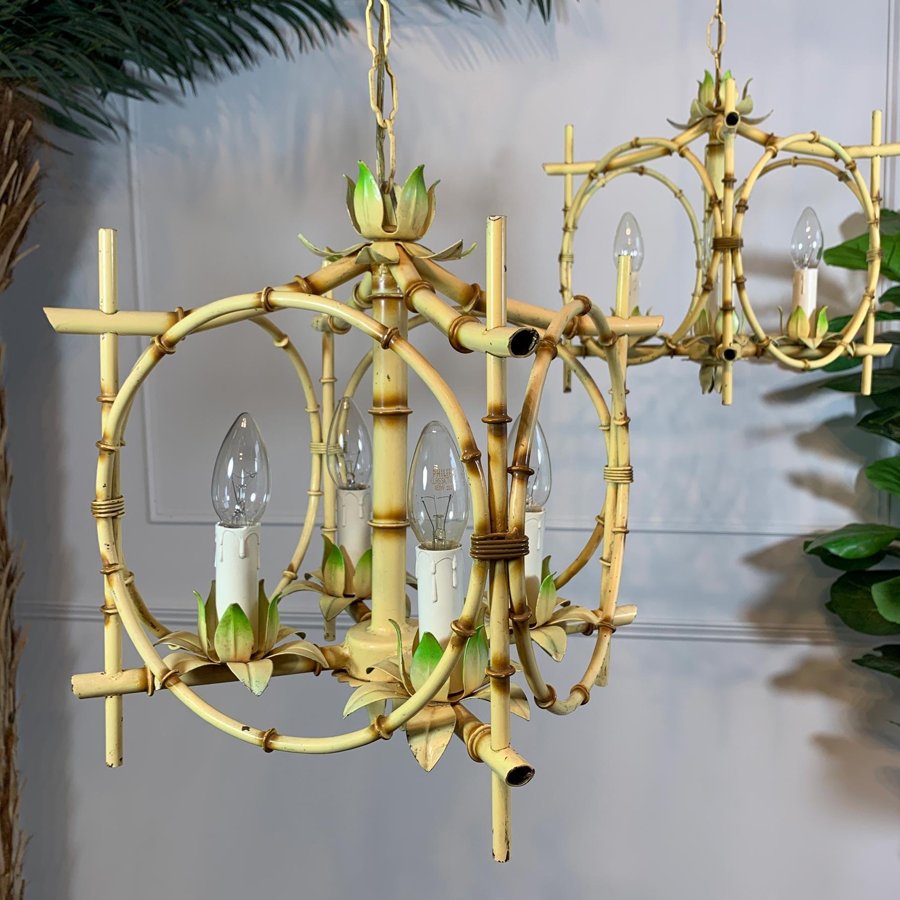 Pair of Faux Bamboo Pagoda Chandeliers Italy 1950's For Sale 5