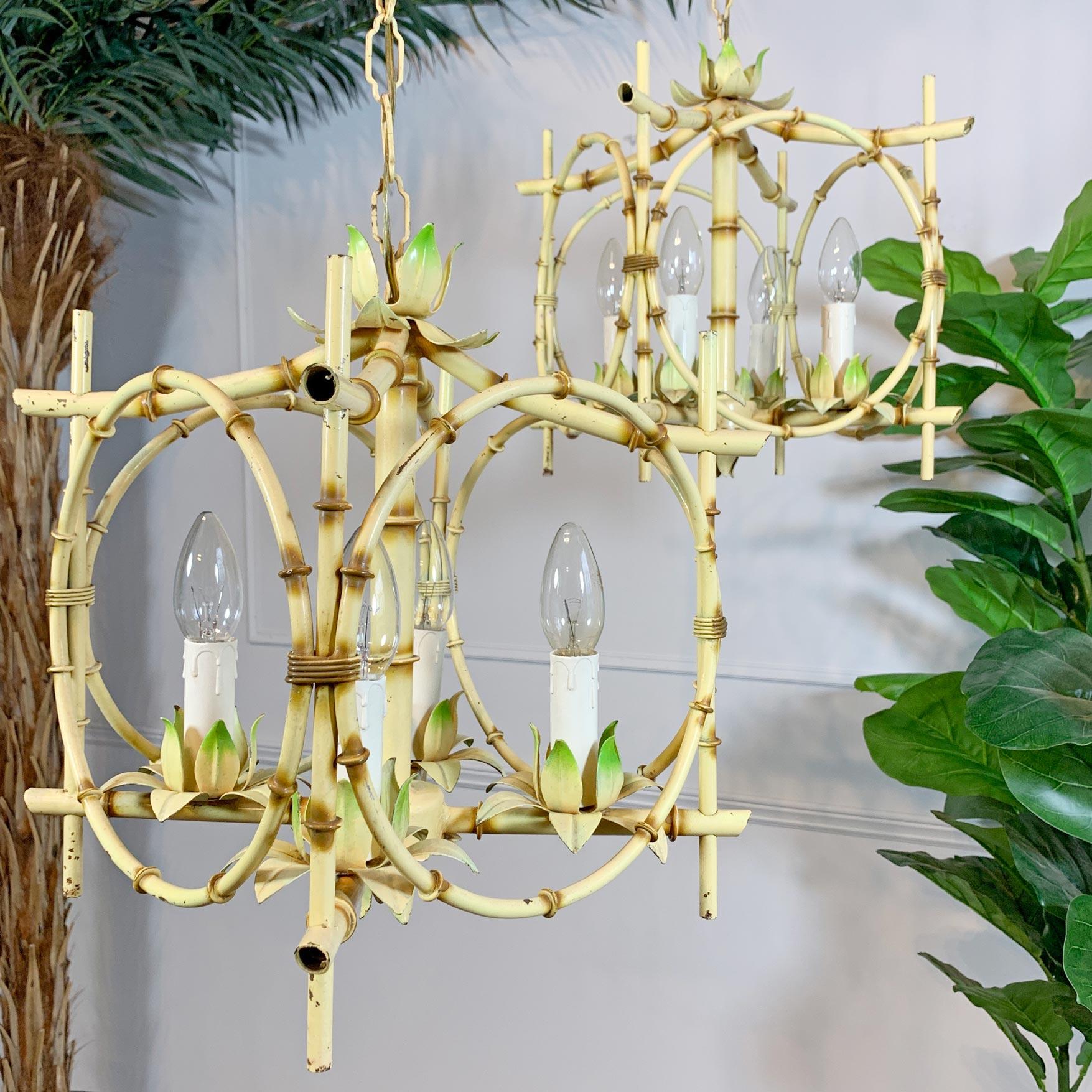 Pair of Faux Bamboo Pagoda Chandeliers Italy 1950's For Sale 7