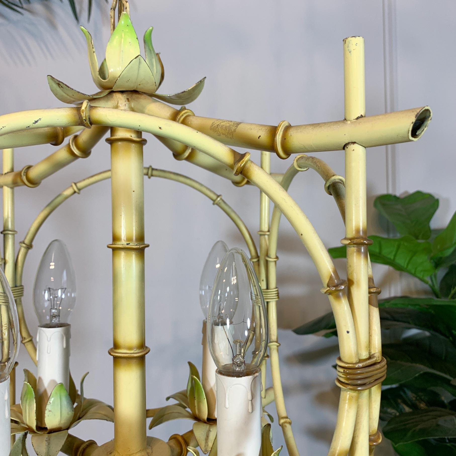 Mid-Century Modern Pair of Faux Bamboo Pagoda Chandeliers Italy 1950's For Sale