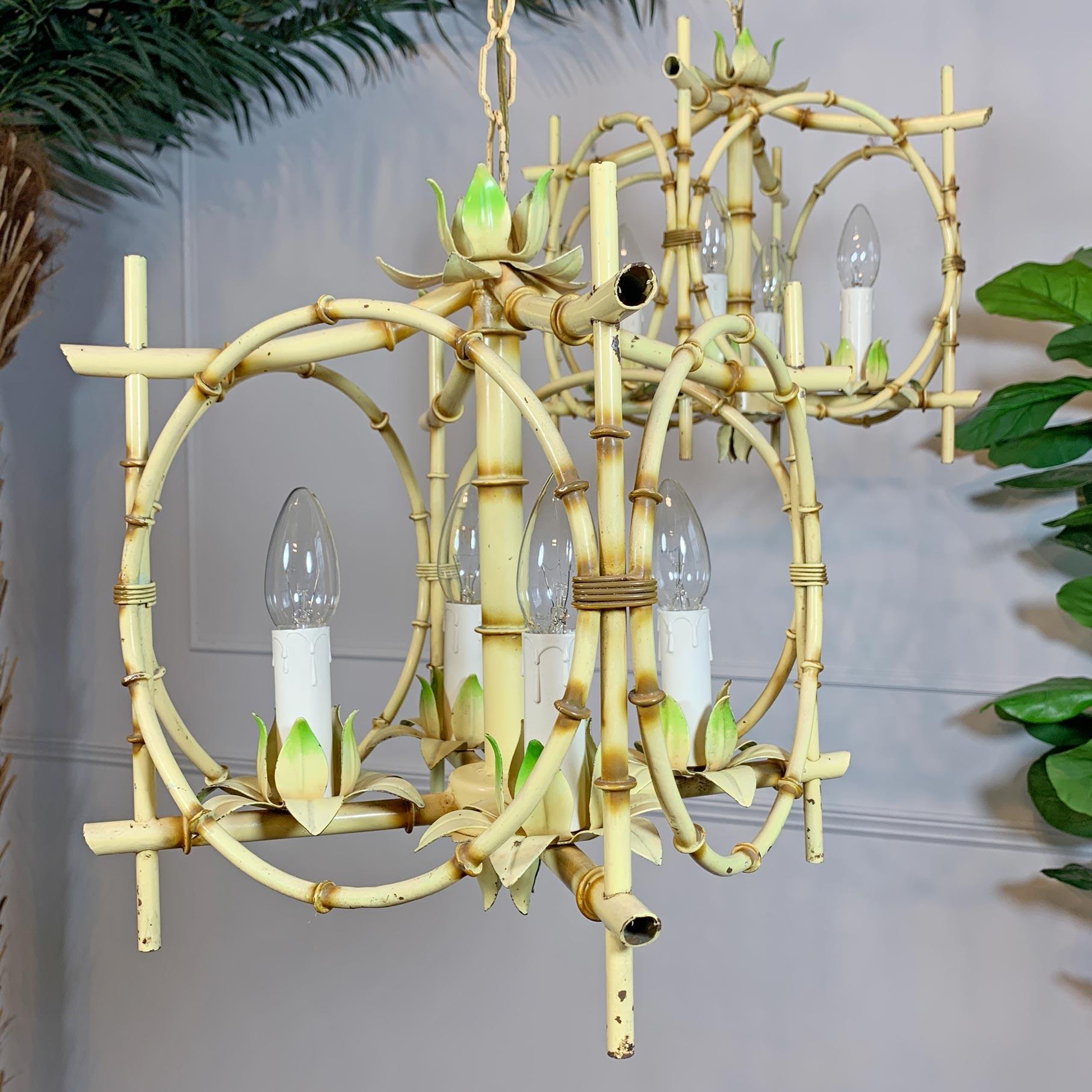 Italian Pair of Faux Bamboo Pagoda Chandeliers Italy 1950's For Sale