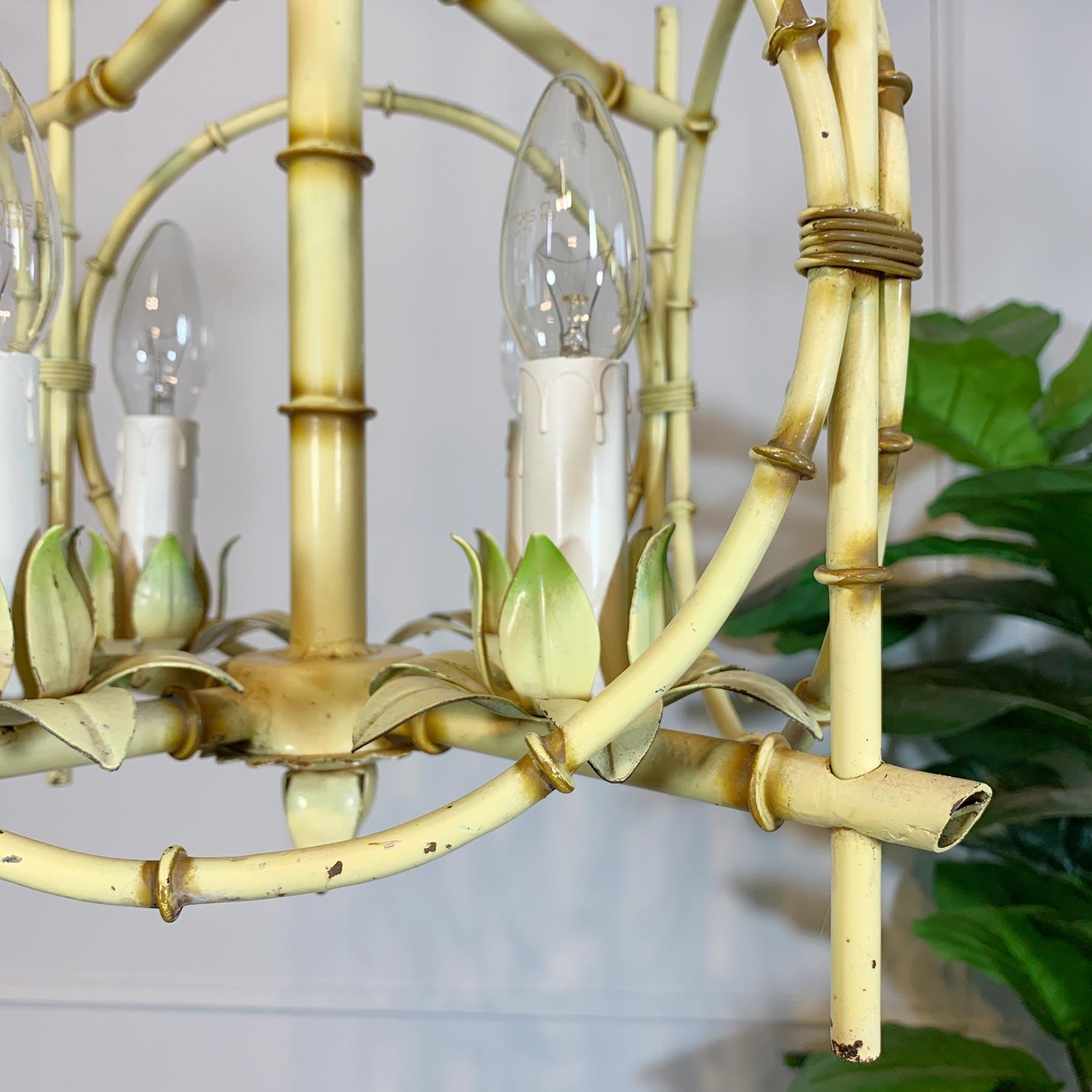 Hand-Painted Pair of Faux Bamboo Pagoda Chandeliers Italy 1950's For Sale