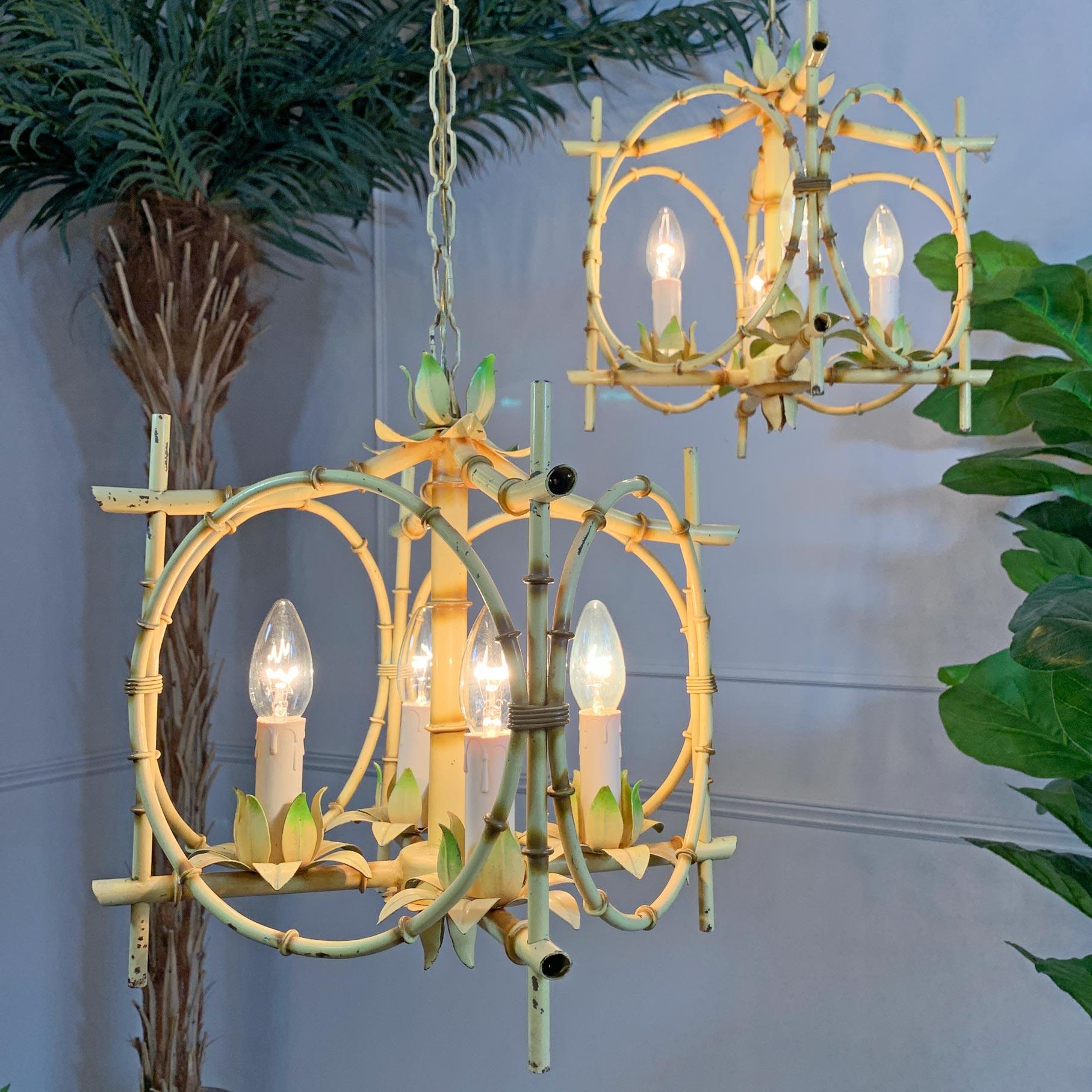 Pair of Faux Bamboo Pagoda Chandeliers Italy 1950's In Good Condition For Sale In Hastings, GB