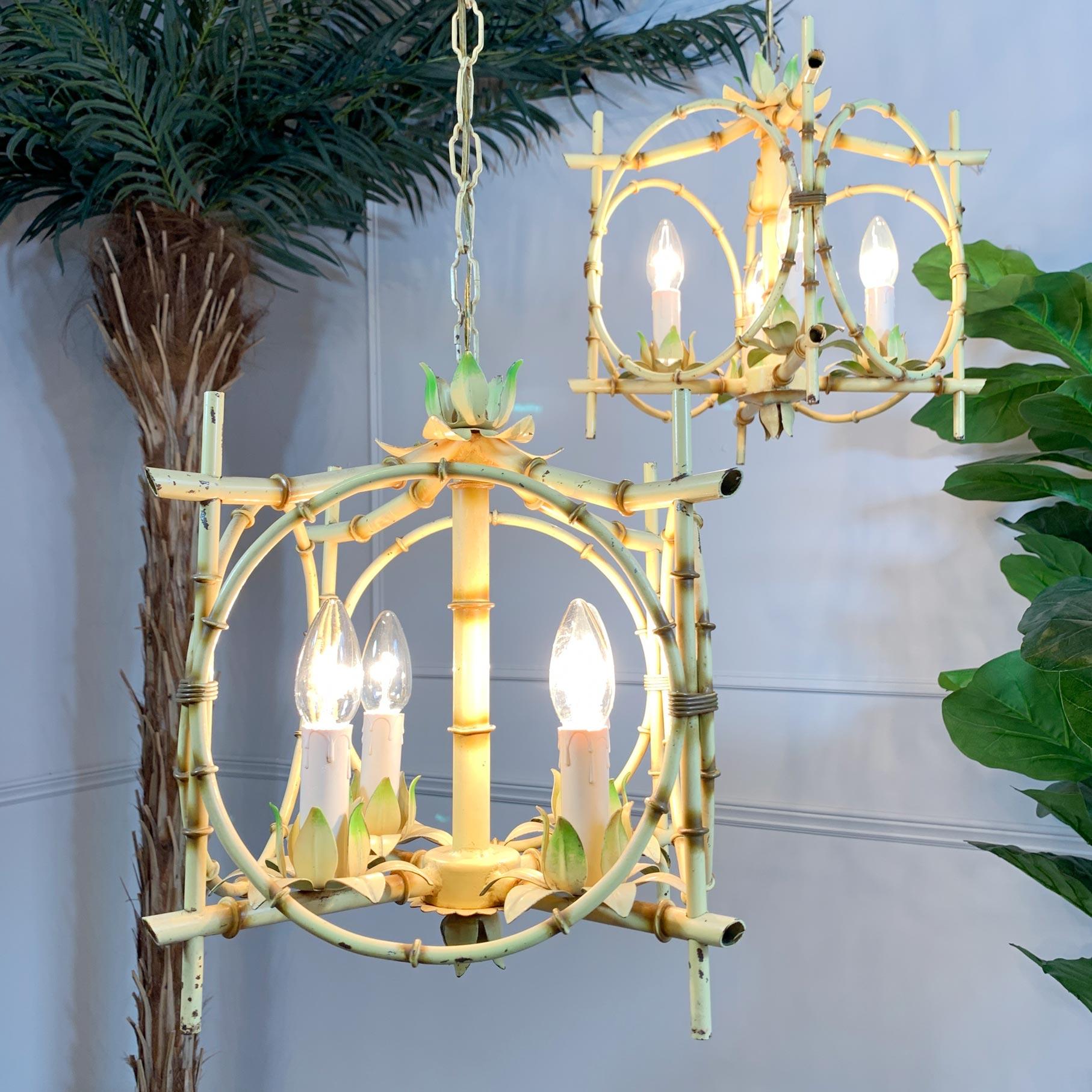 Metal Pair of Faux Bamboo Pagoda Chandeliers Italy 1950's For Sale