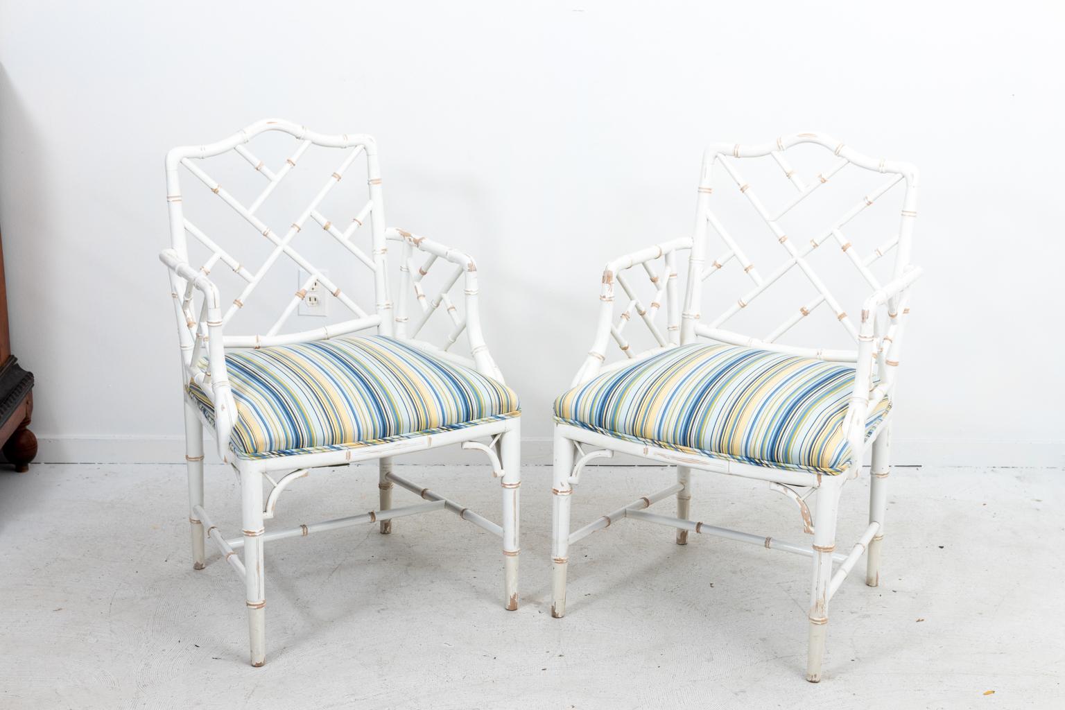 American Pair of Faux Bamboo Painted and Upholstered Armchairs