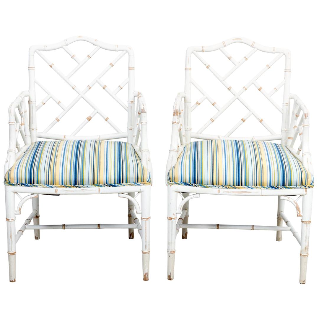 Pair of Faux Bamboo Painted and Upholstered Armchairs