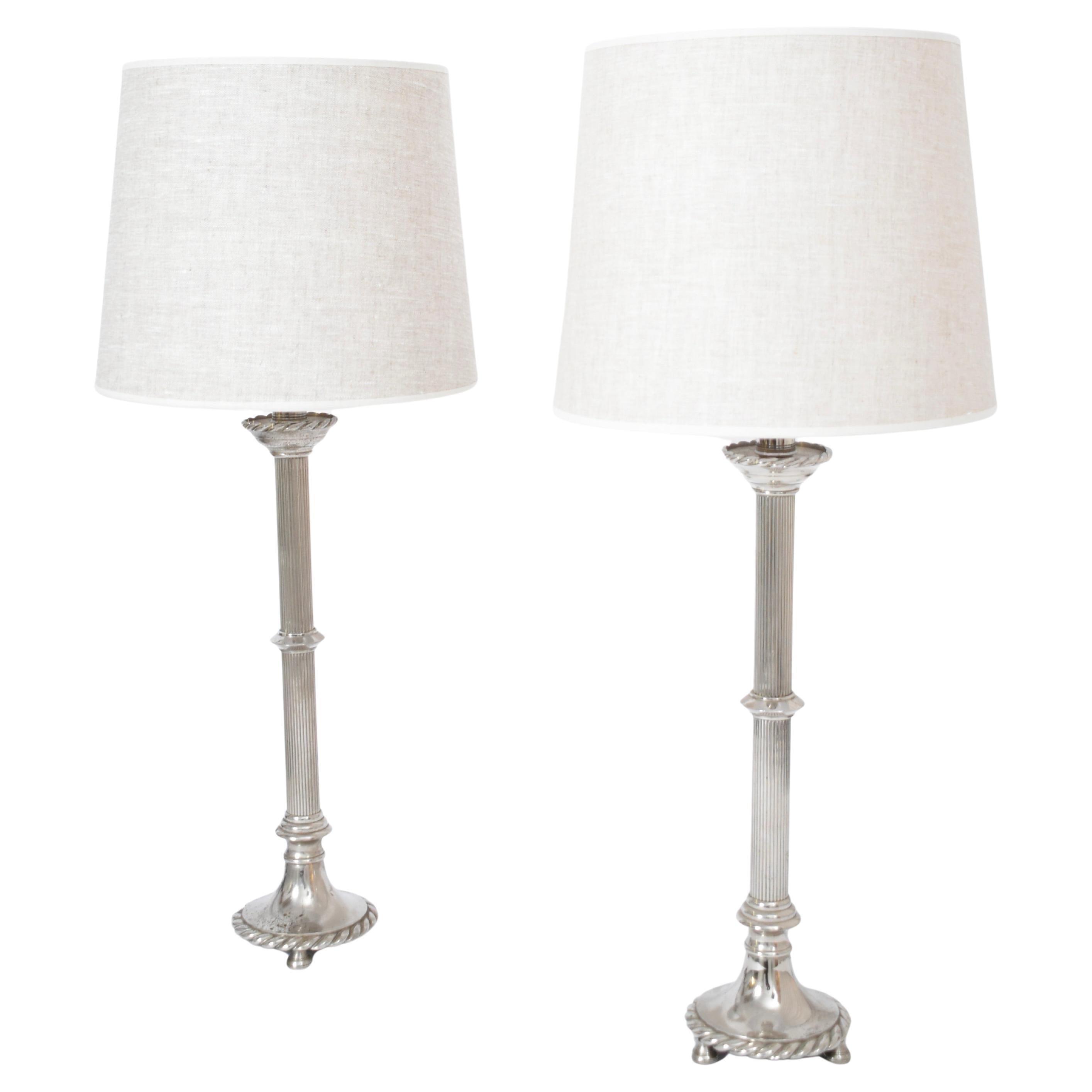 Coppia di lampade in finto bambù e corda placcate in argento, anni '60 in vendita