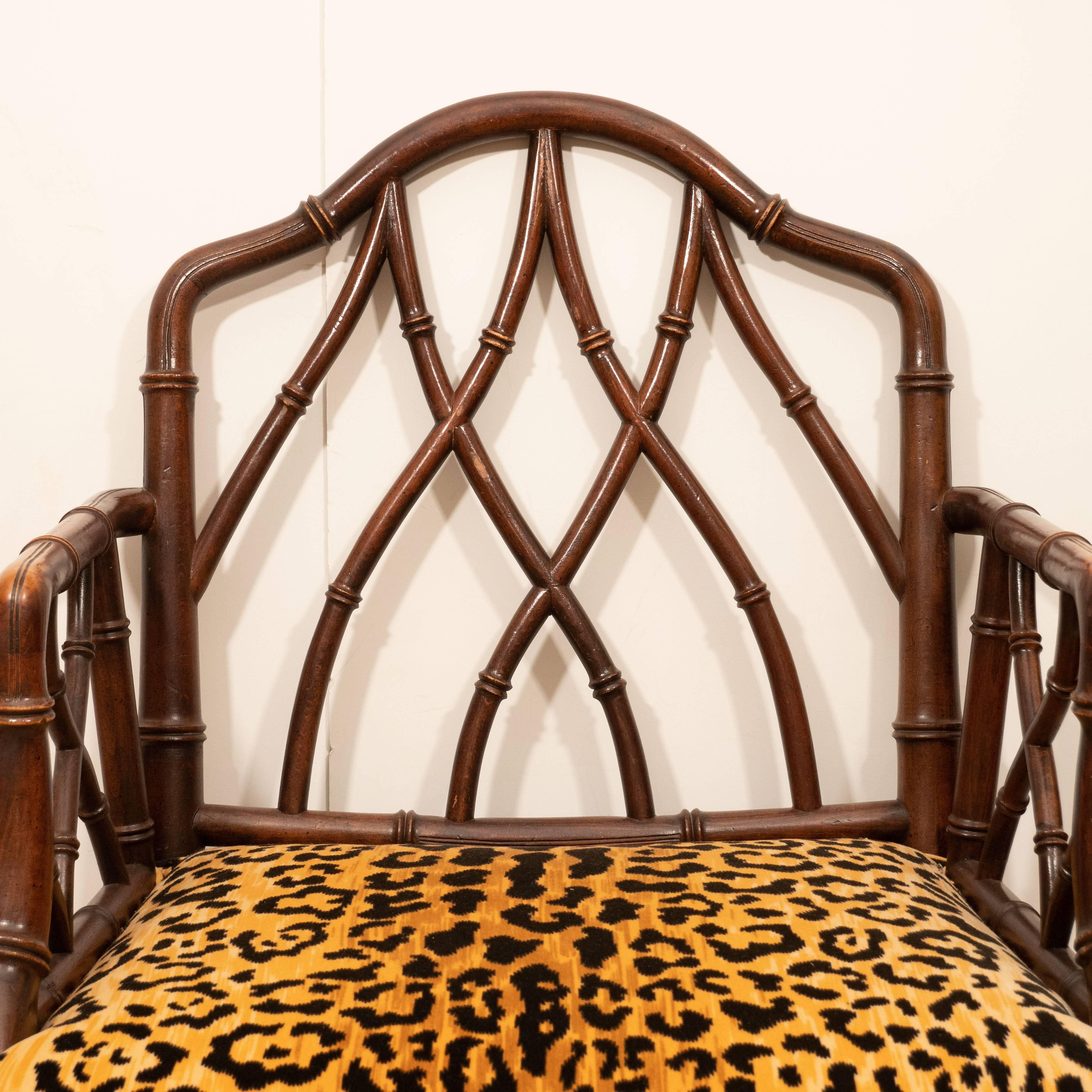 We all need a little bamboo and animal print in our lives, and these chic chairs combine the two! This pair is quite sturdy and very well constructed, and the faux bamboo detail is exhibited throughout—on back, legs, bottom and under arm rests.