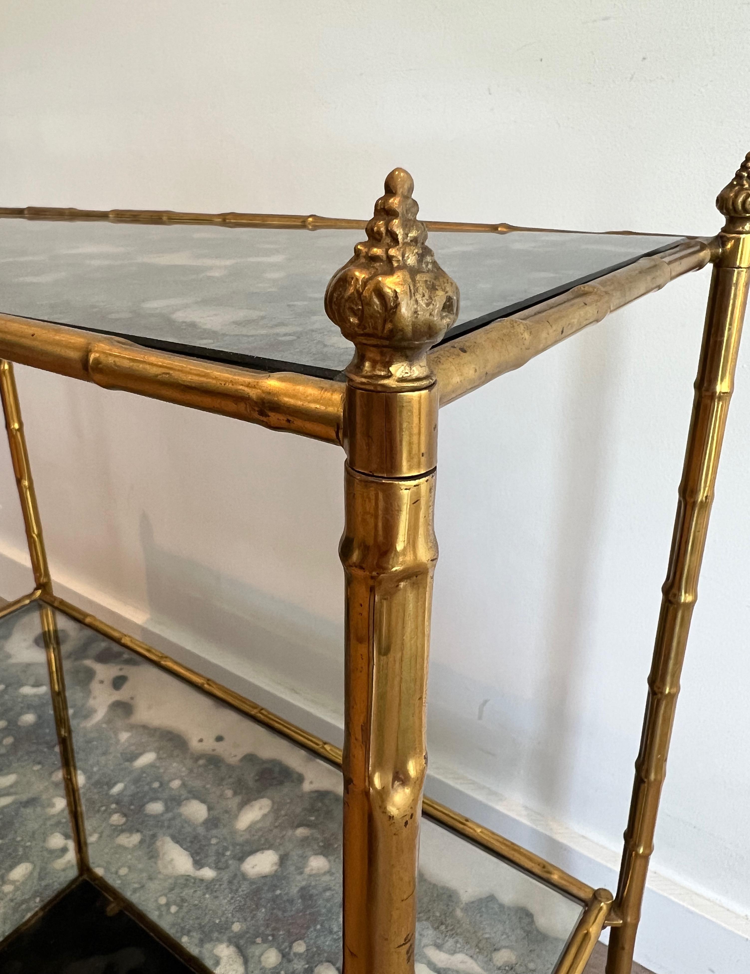 Pair of Faux-Bamboo Side Tables with Oxydized Mirrors in the Style of Baguès For Sale 2