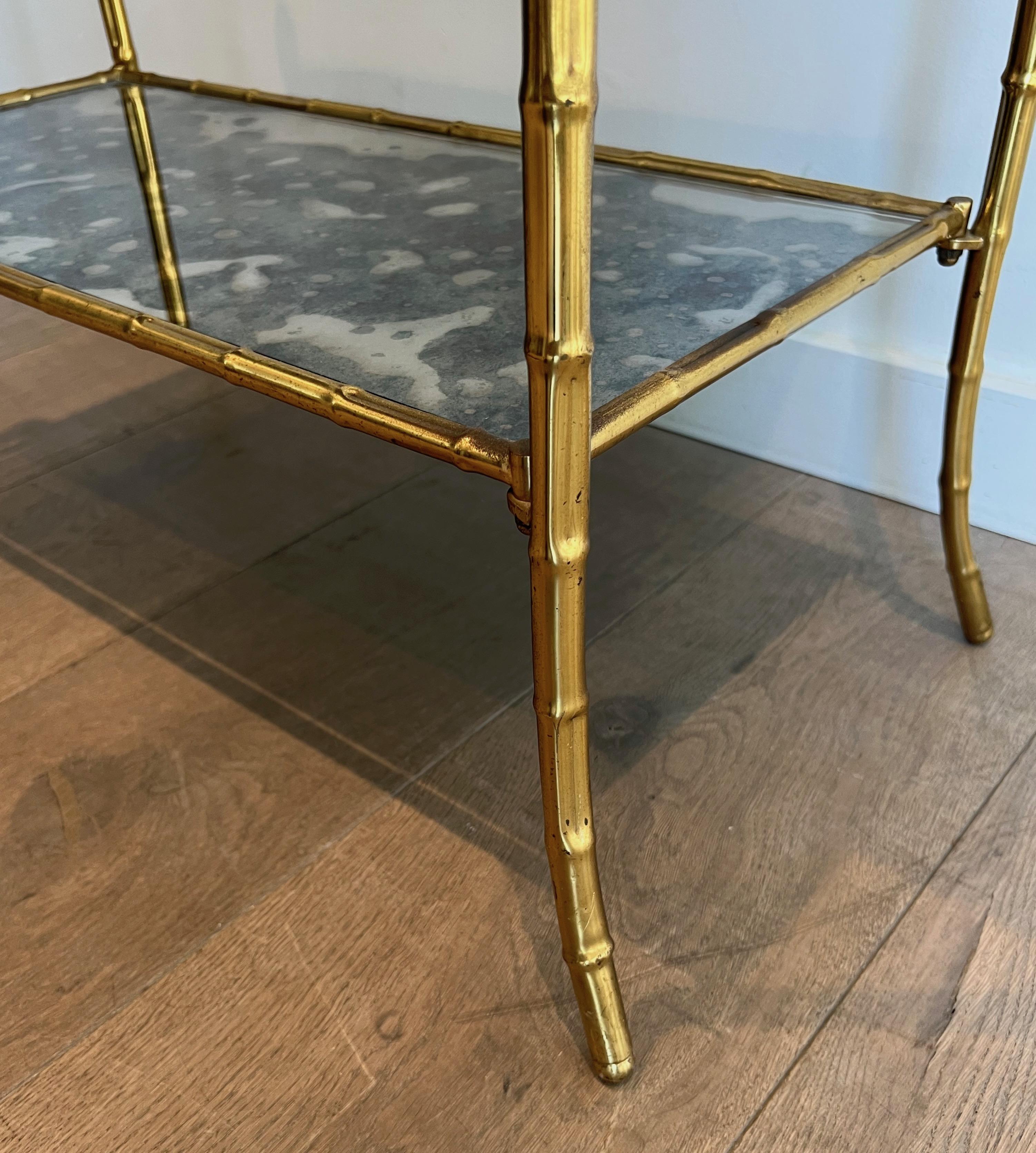 Pair of Faux-Bamboo Side Tables with Oxydized Mirrors in the Style of Baguès For Sale 3