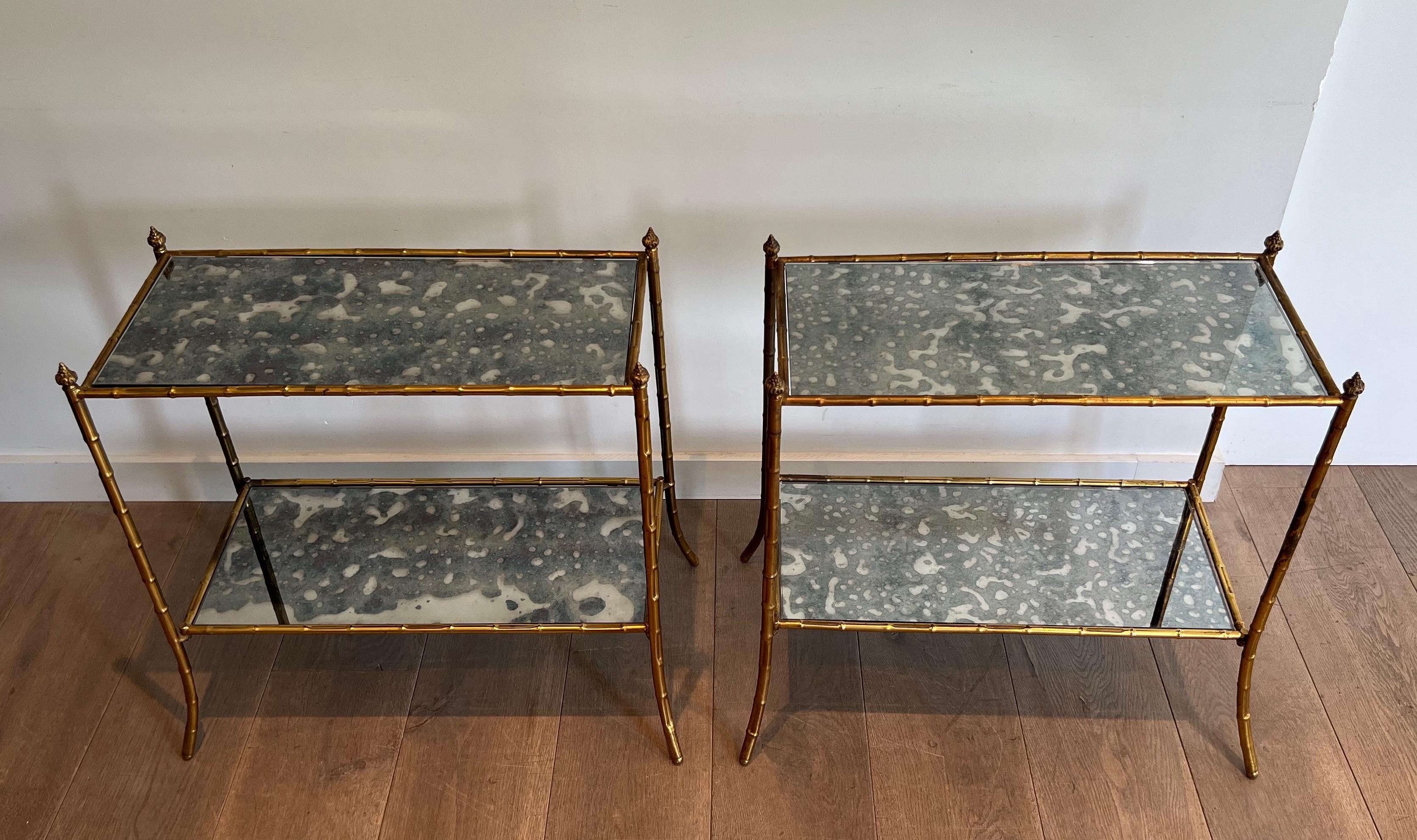 Pair of Faux-Bamboo Side Tables with Oxydized Mirrors in the Style of Baguès For Sale 5