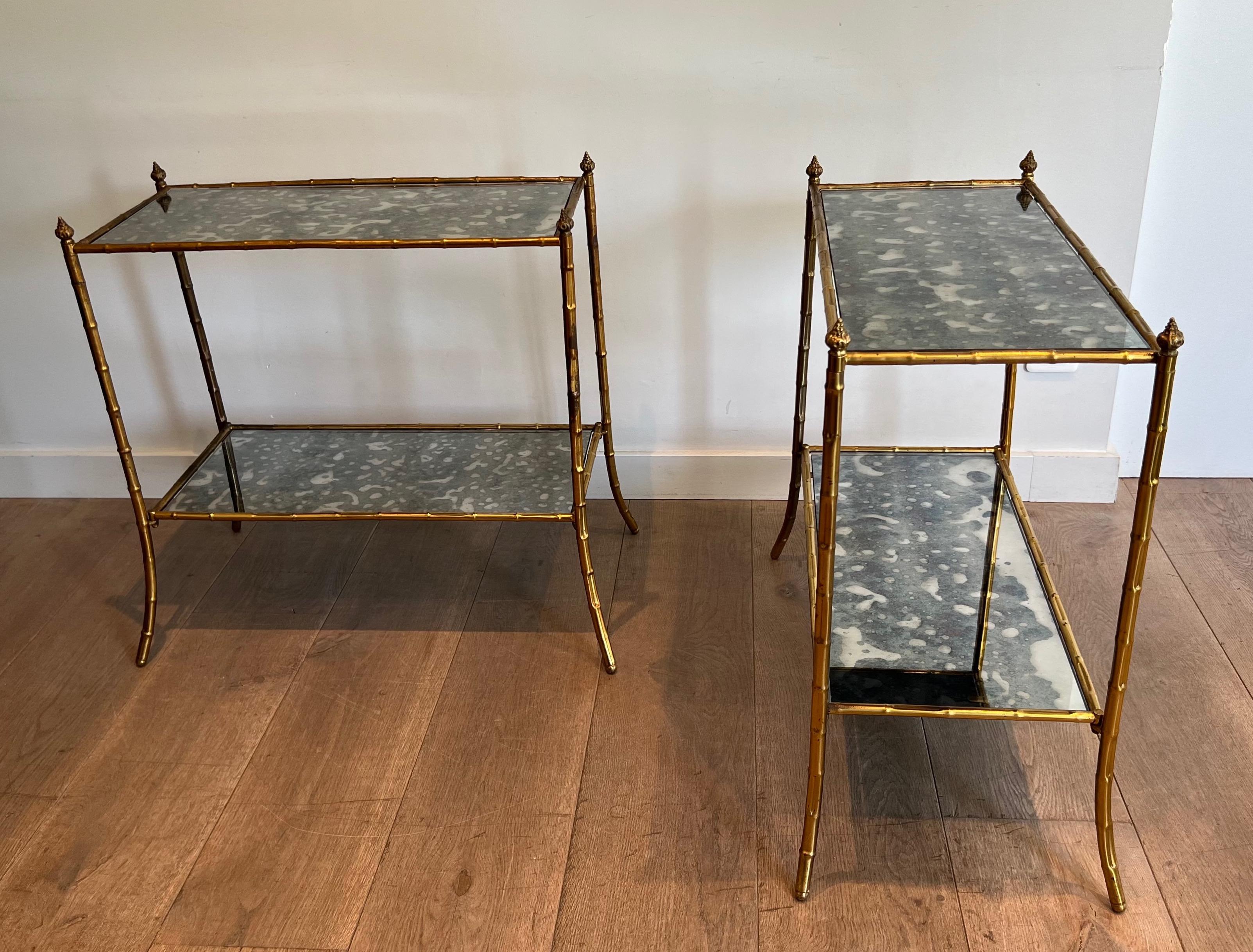 Pair of Faux-Bamboo Side Tables with Oxydized Mirrors in the Style of Baguès For Sale 6