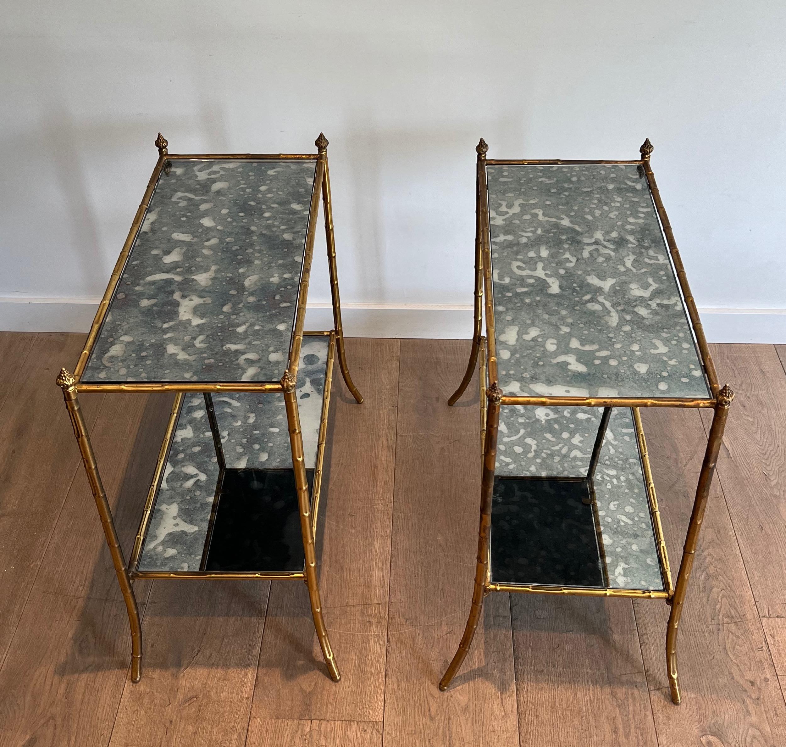 Pair of Faux-Bamboo Side Tables with Oxydized Mirrors in the Style of Baguès For Sale 7