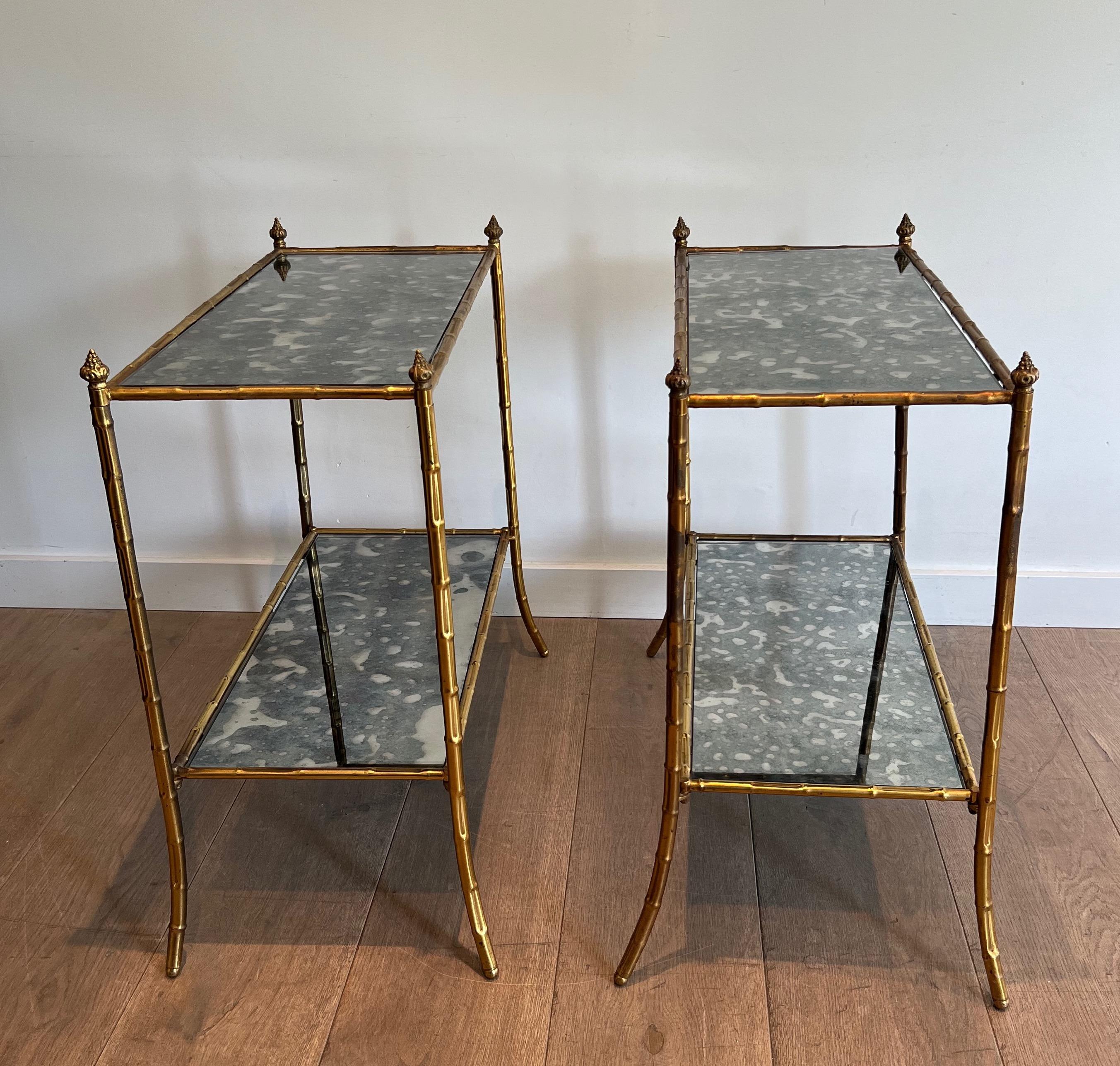 Pair of Faux-Bamboo Side Tables with Oxydized Mirrors in the Style of Baguès For Sale 8
