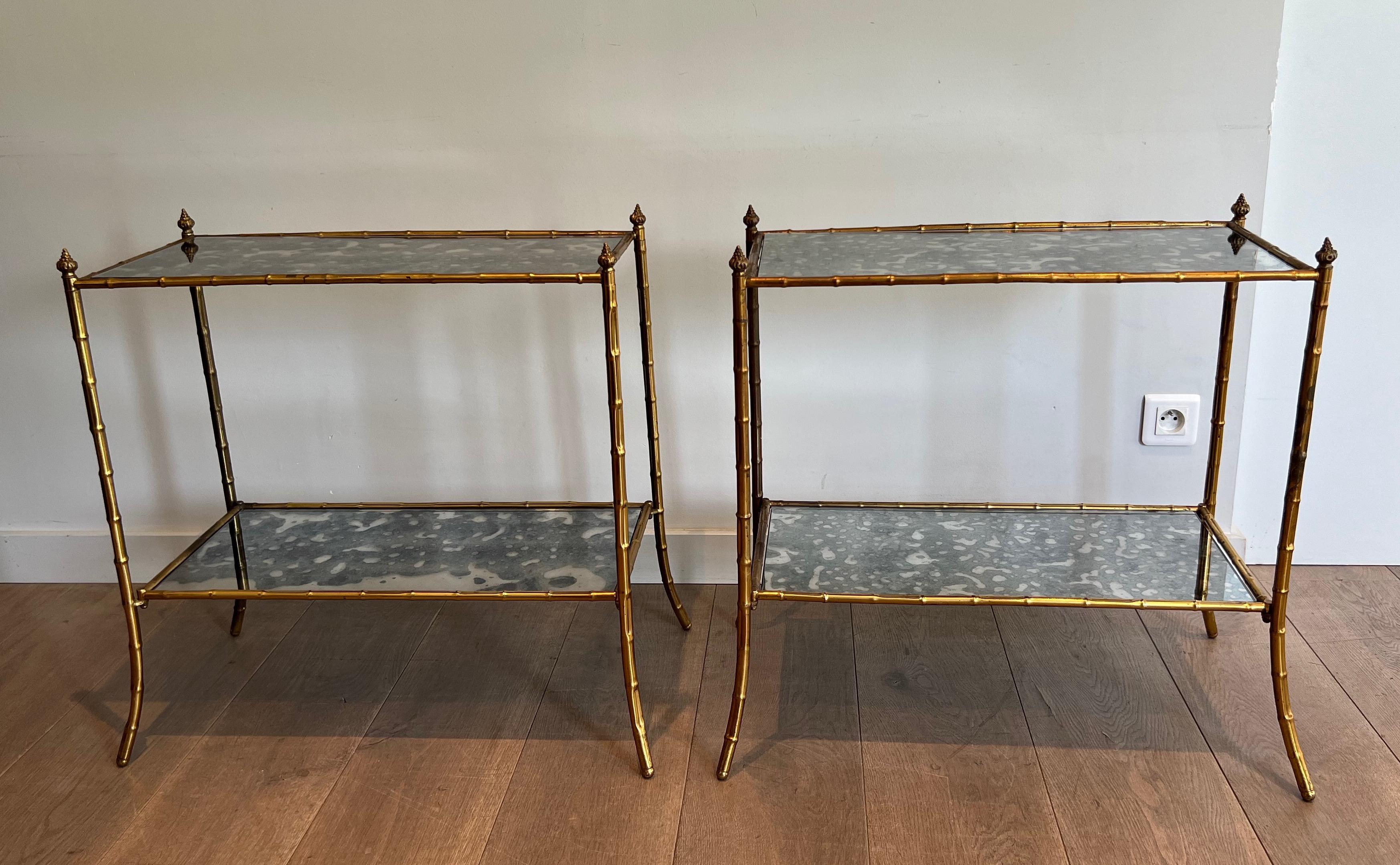Pair of Faux-Bamboo Side Tables with Oxydized Mirrors in the Style of Baguès For Sale 11