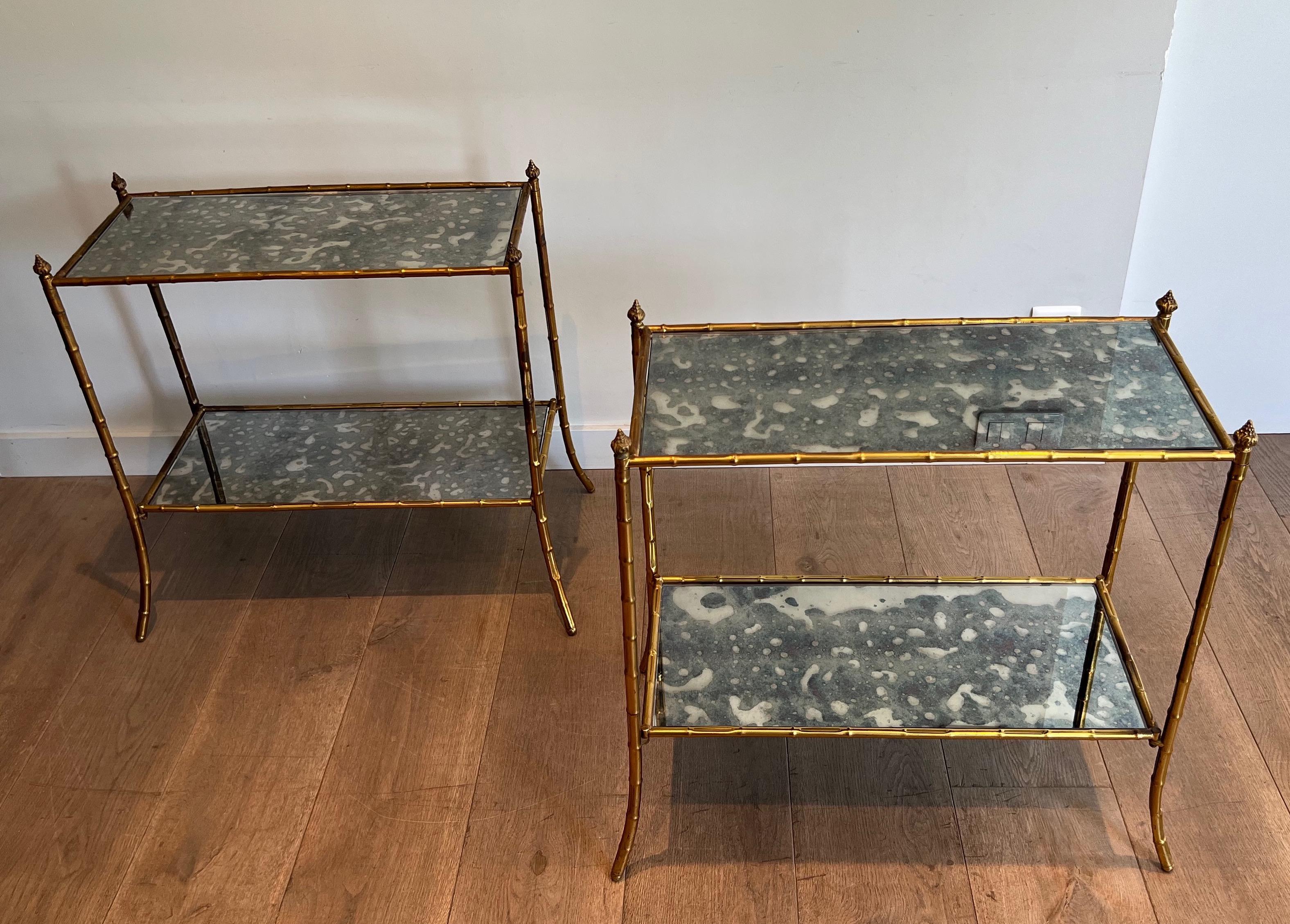 Pair of Faux-Bamboo Side Tables with Oxydized Mirrors in the Style of Baguès For Sale 12